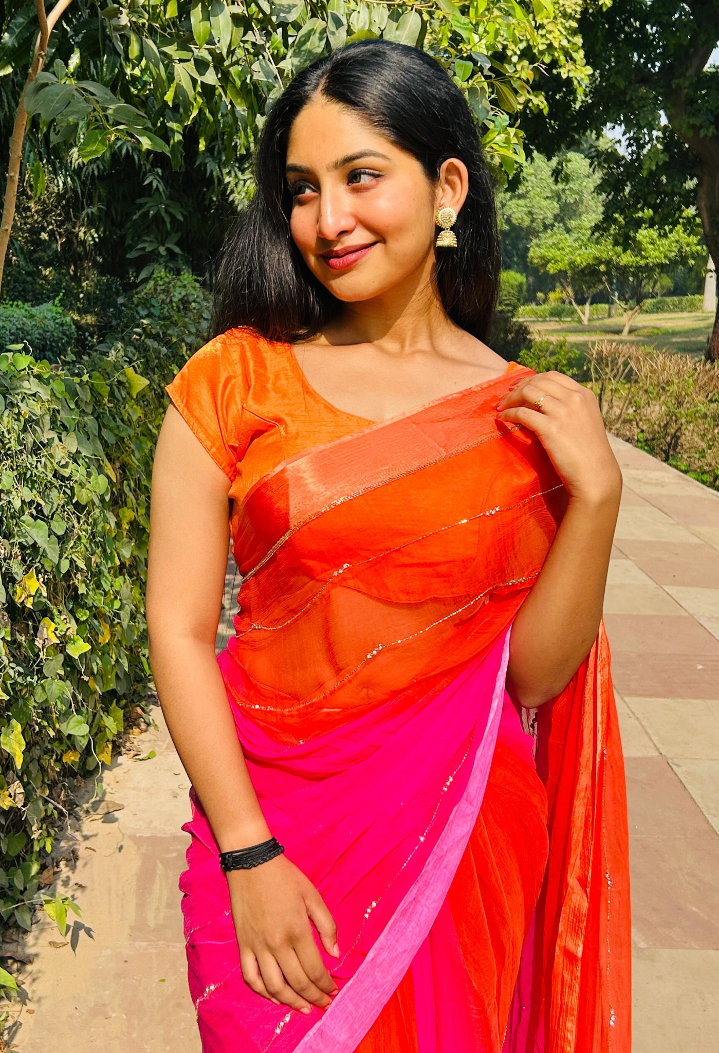 Scarlet Red & Pink Embellished Chiffon Saree with Satin Border