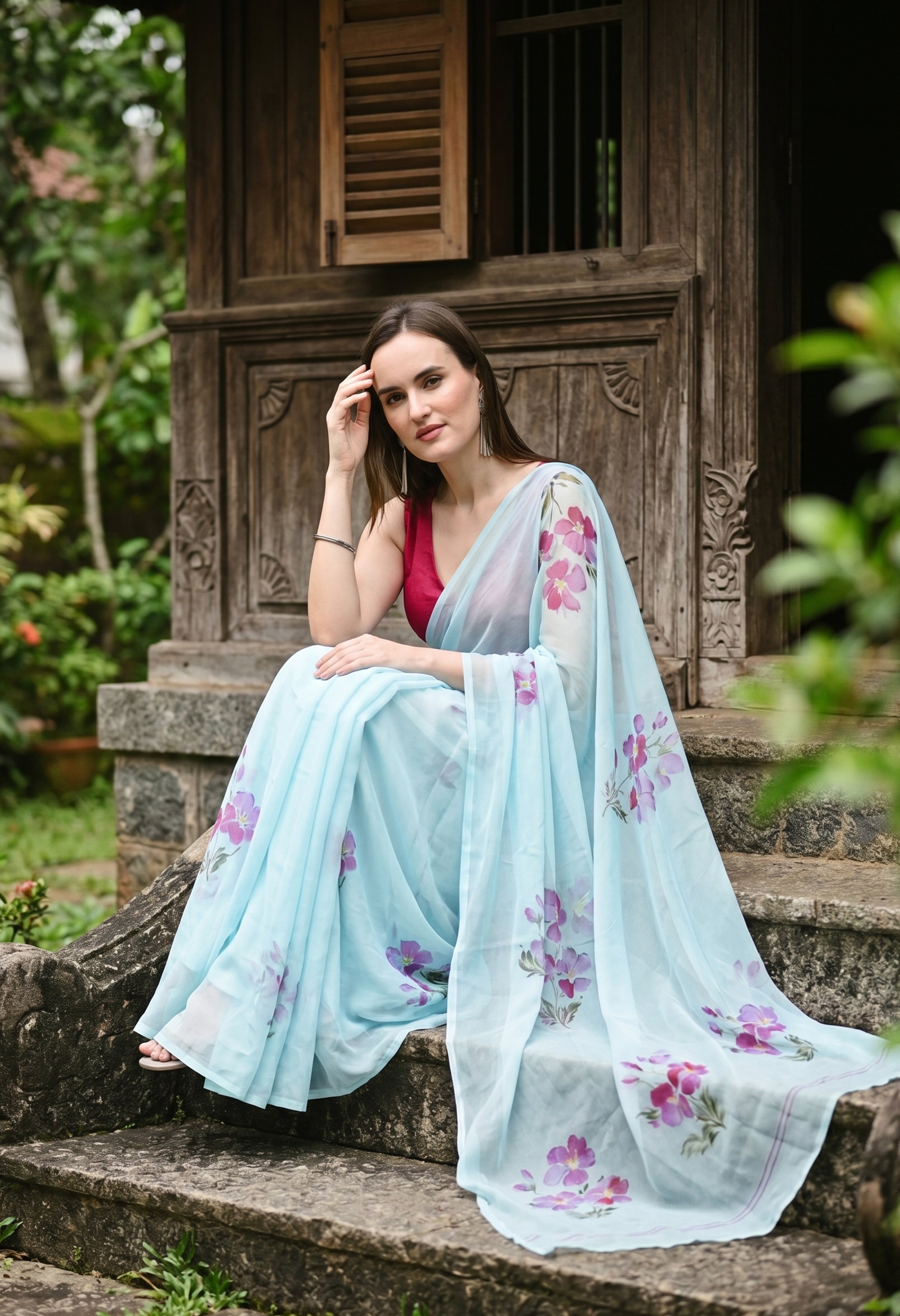 Bluebell Breeze Handpainted Pure Chiffon Saree