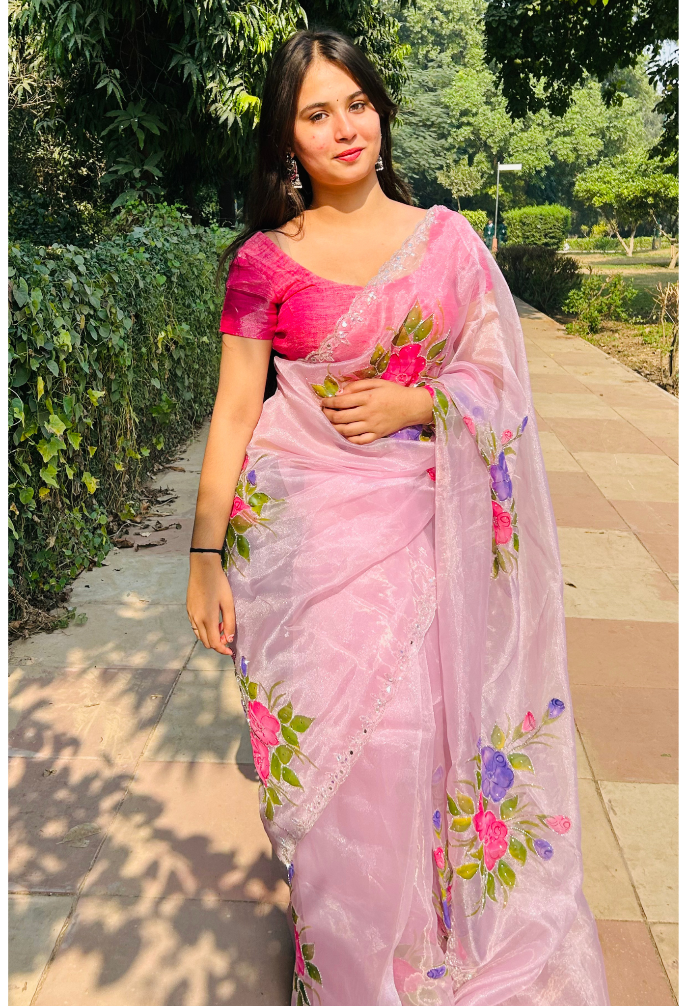 French Rose Hand Painted Organza Saree