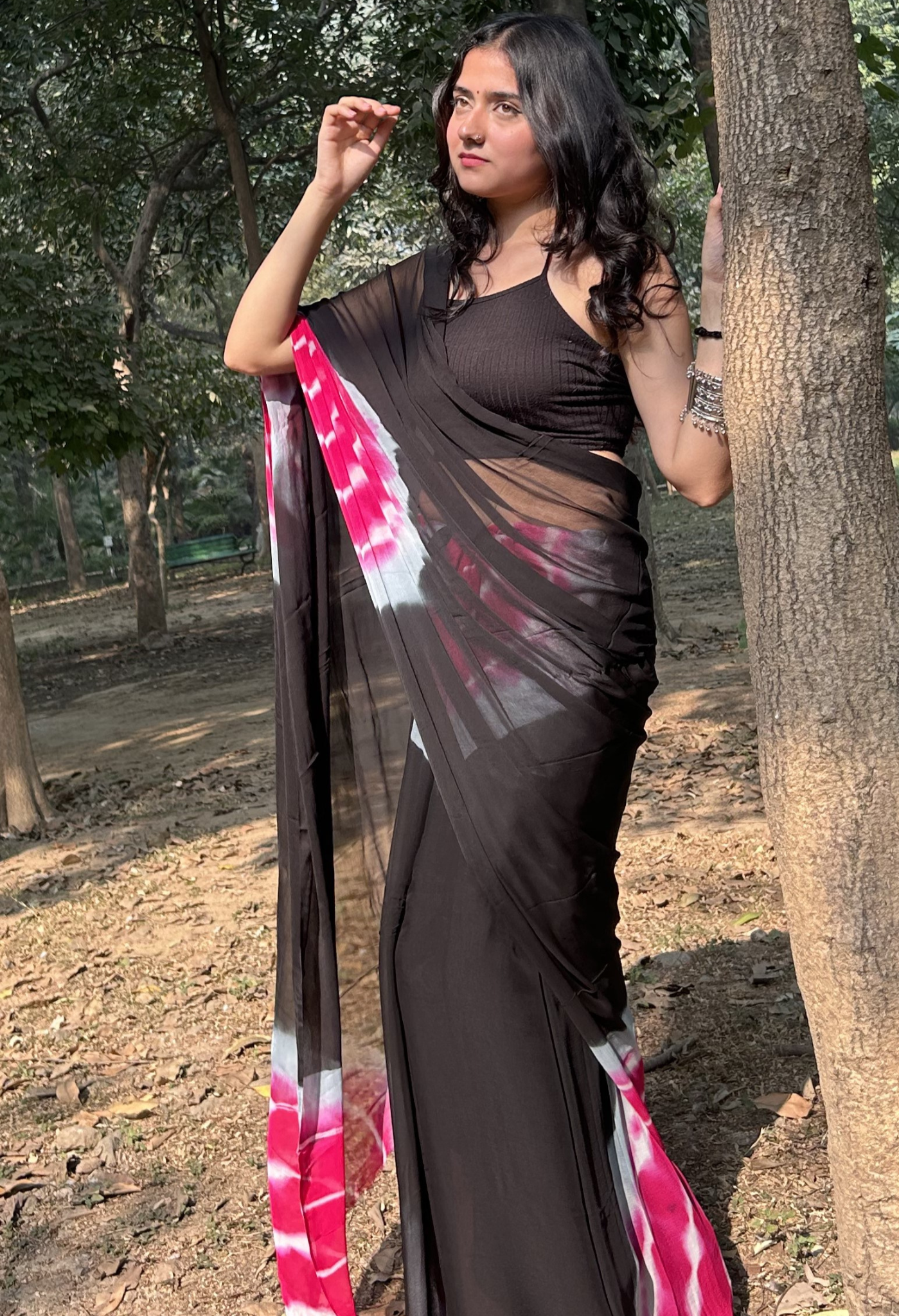 Midnight Black Tie & Dye Chiffon Saree