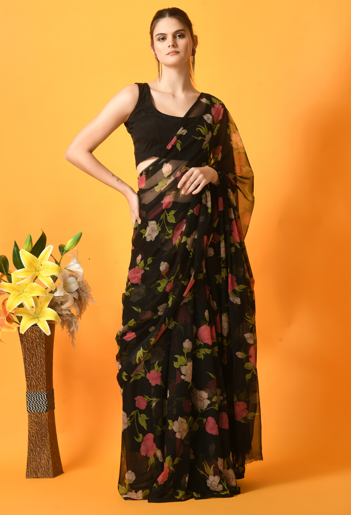 Gothic Floral Chiffon Printed Saree