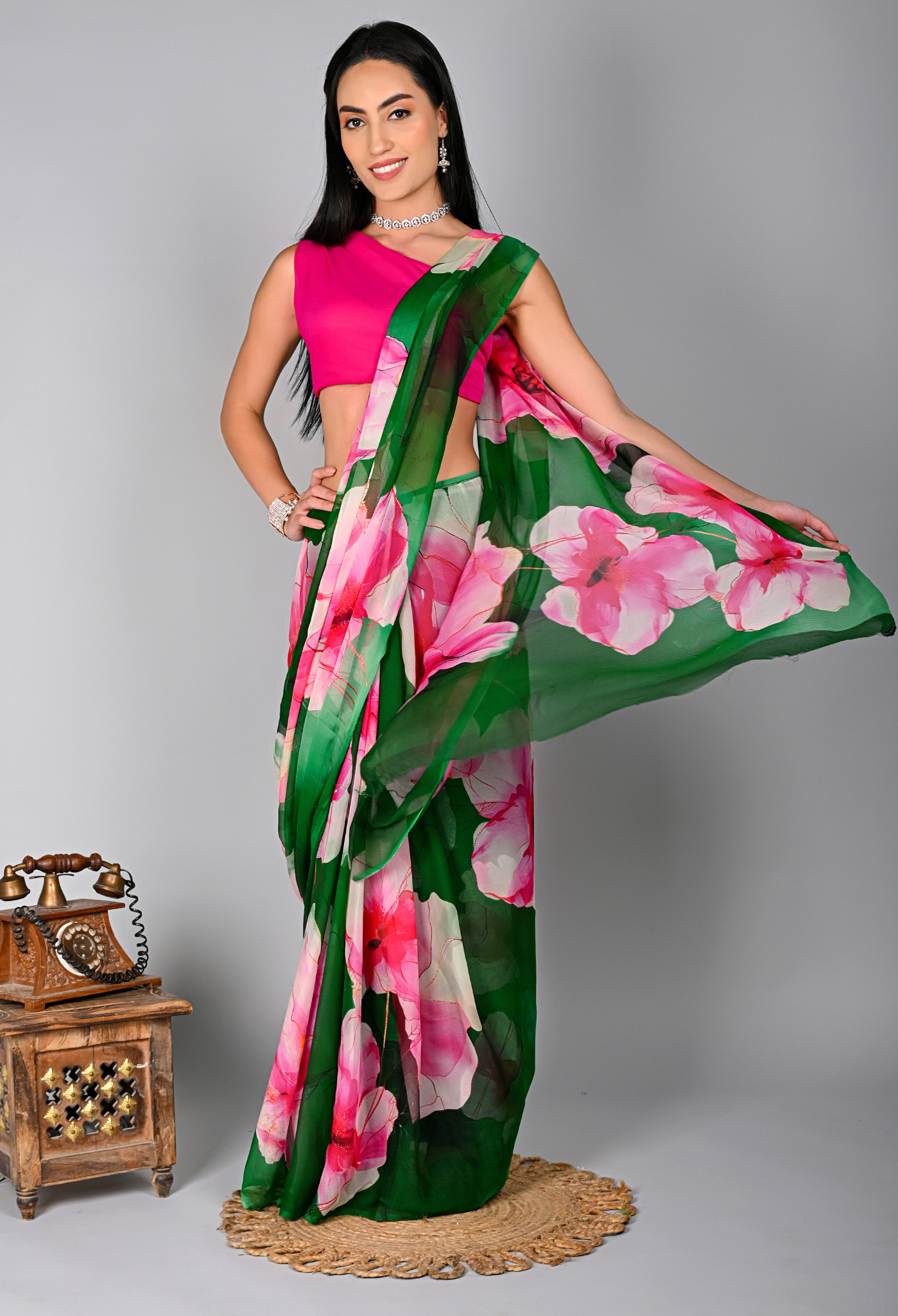 Green Blossom Pure Chinnon Digital Print Saree