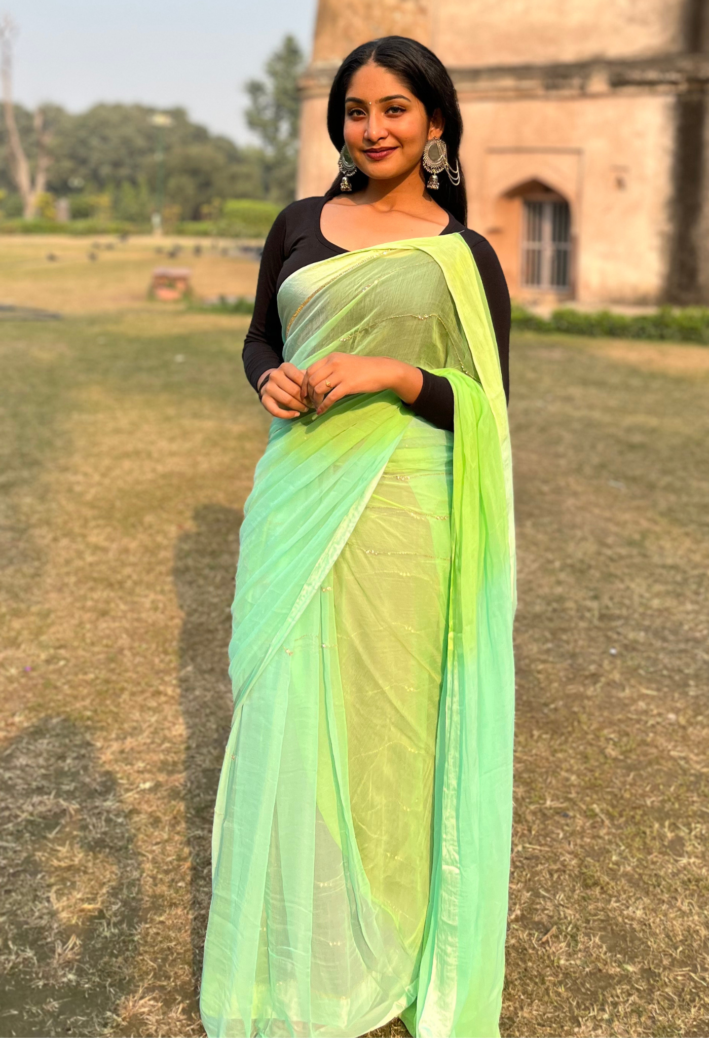 Mint Green Embellished Chiffon Saree with Satin Border