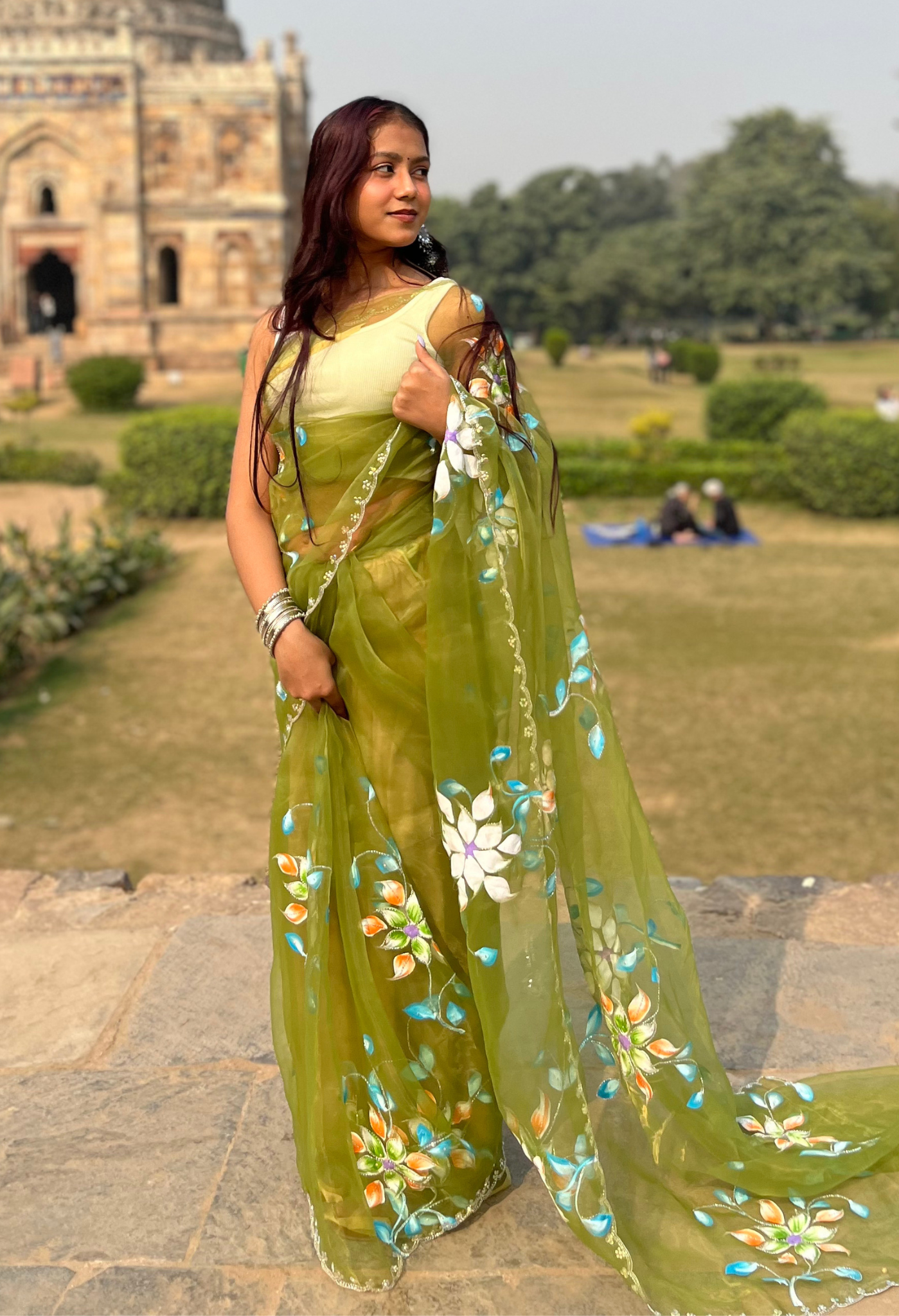 Grasshopper Floral Hand Painted Organza Saree