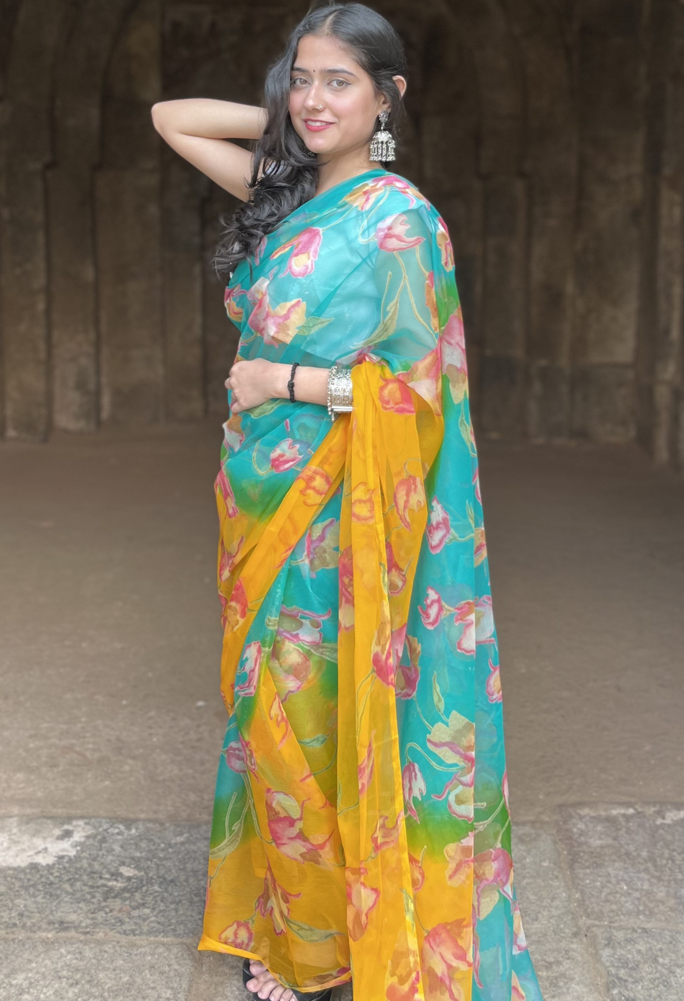 Amber Green Floral Printed Chiffon Saree