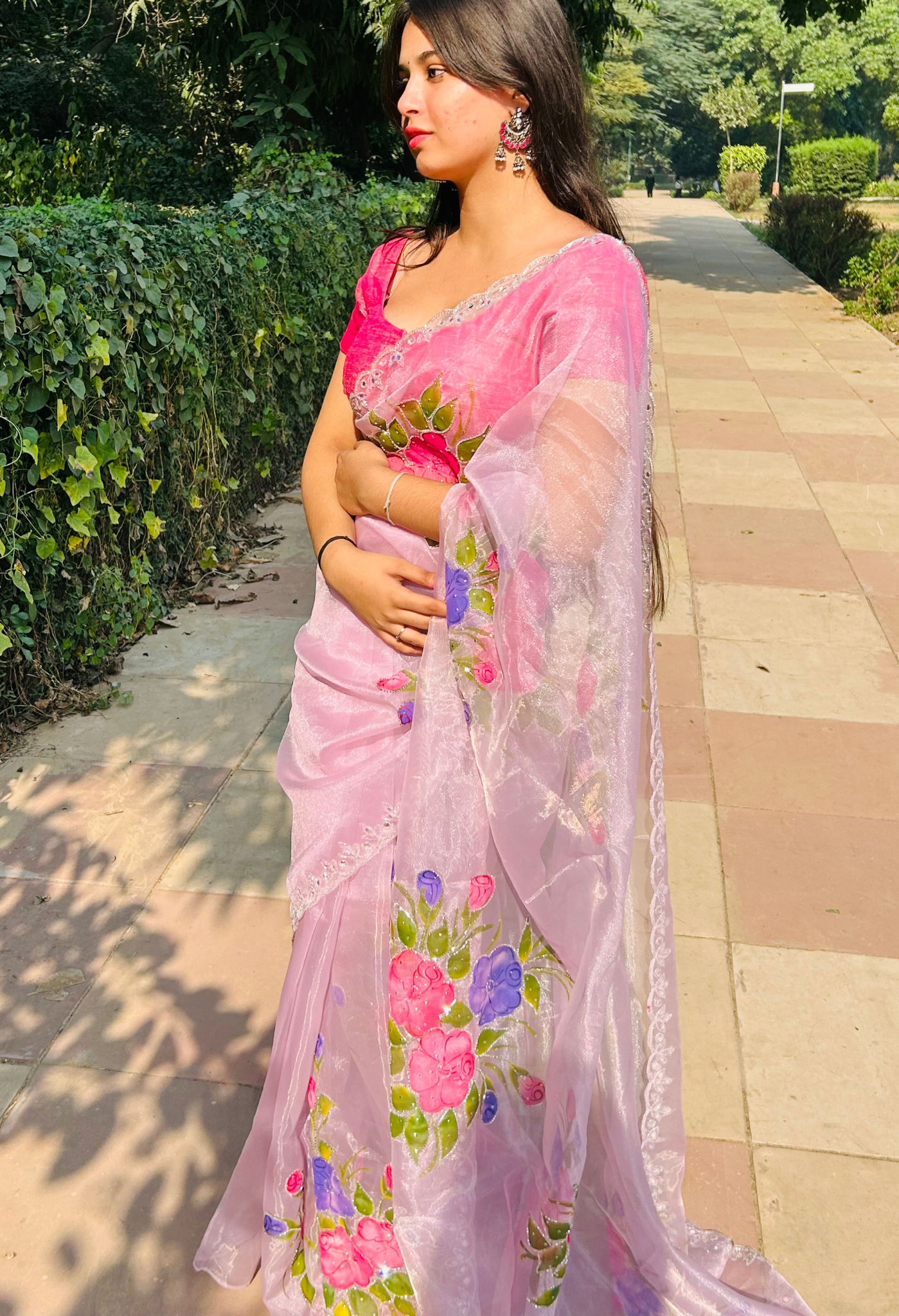 French Rose Hand Painted Organza Saree