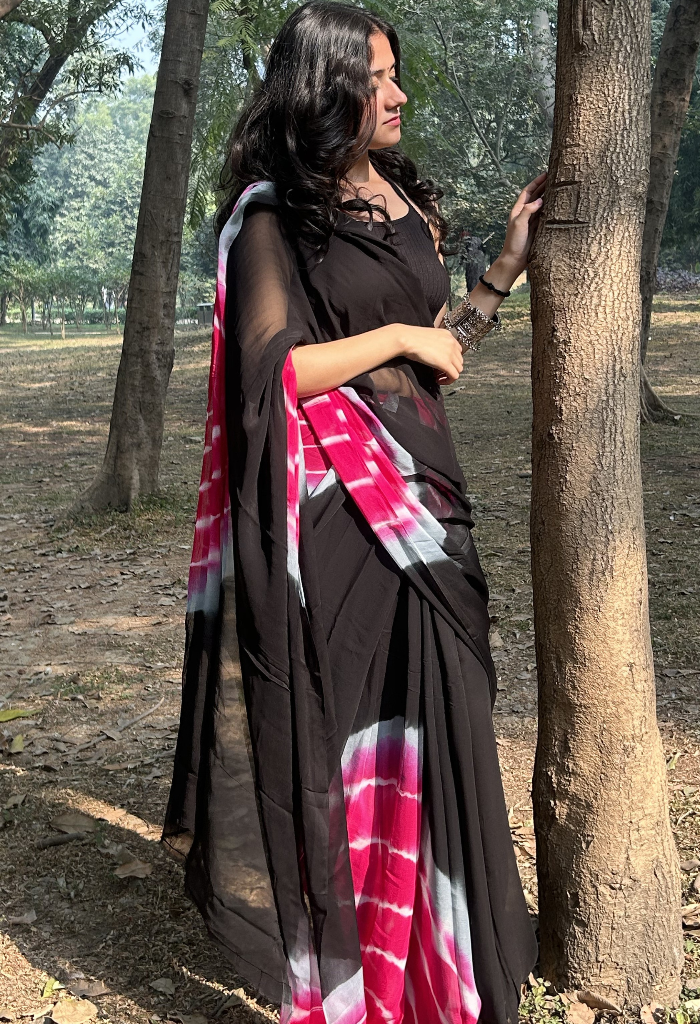 Midnight Black Tie & Dye Chiffon Saree