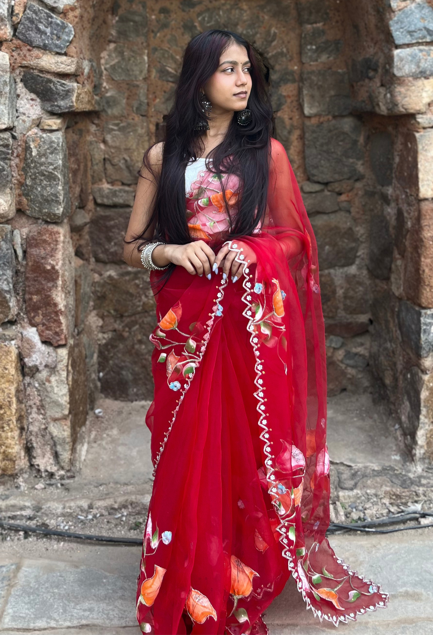 Cherry Blossom Organza Hand Painted Saree