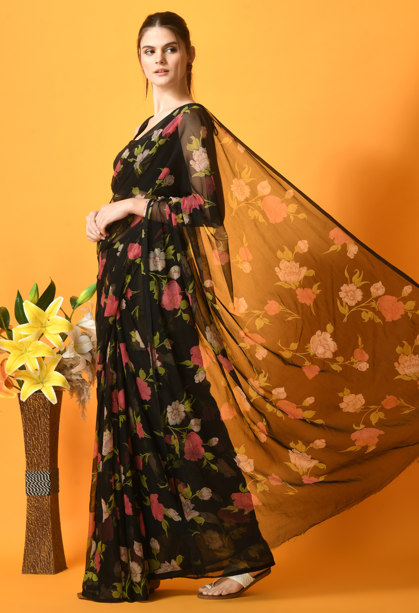 Gothic Floral Chiffon Printed Saree