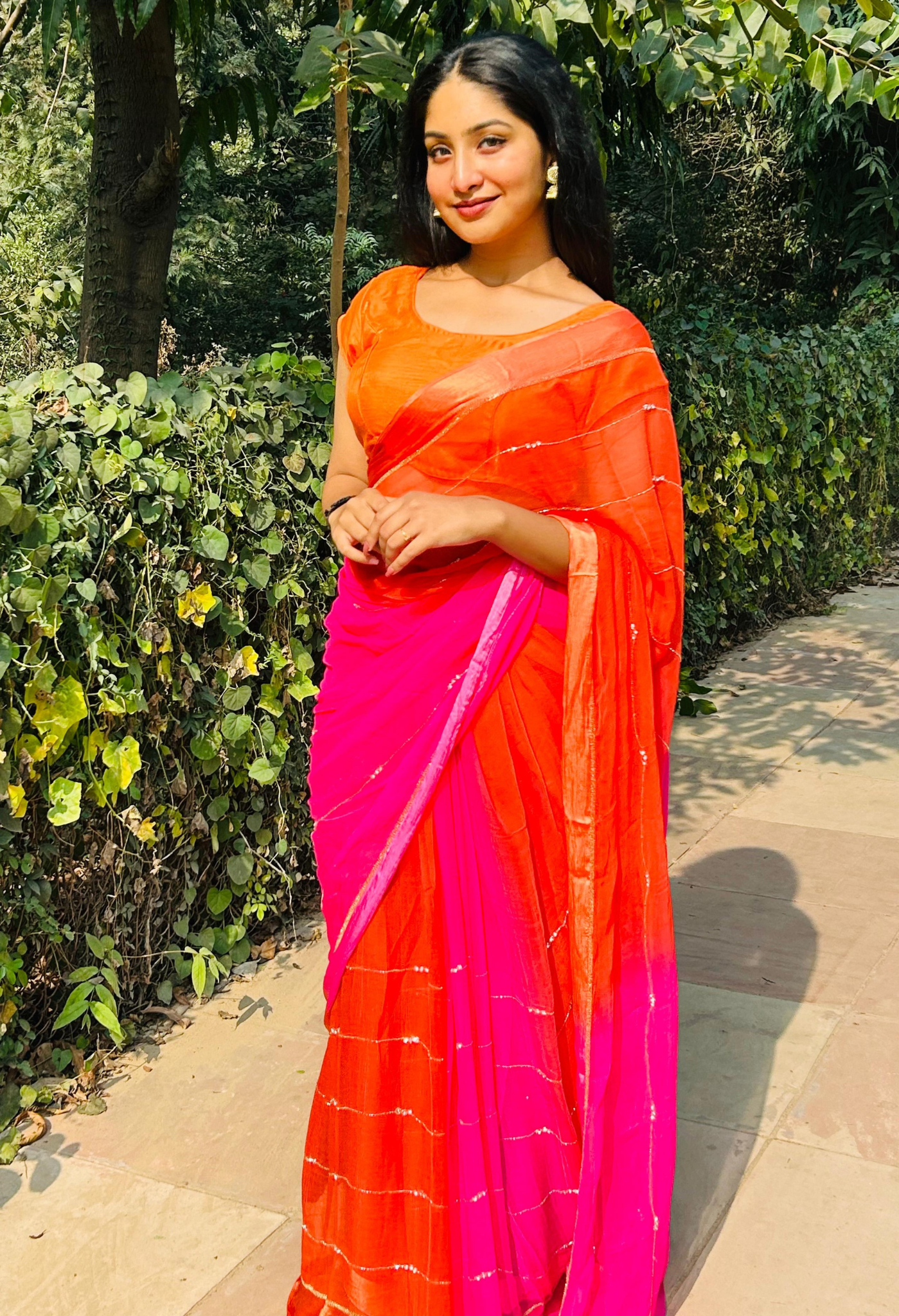 Scarlet Red & Pink Embellished Chiffon Saree with Satin Border