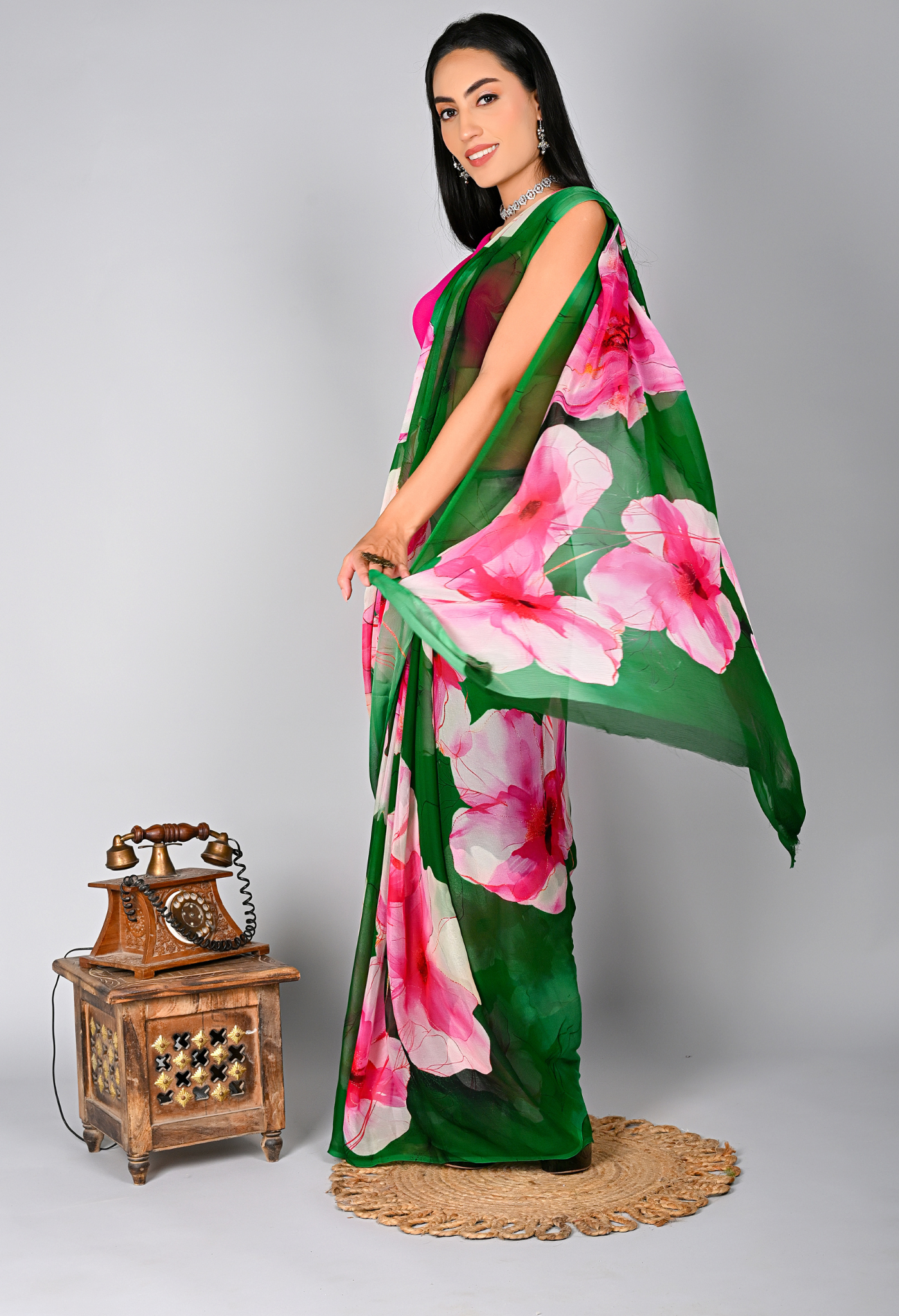 Green Blossom Pure Chinnon Digital Print Saree