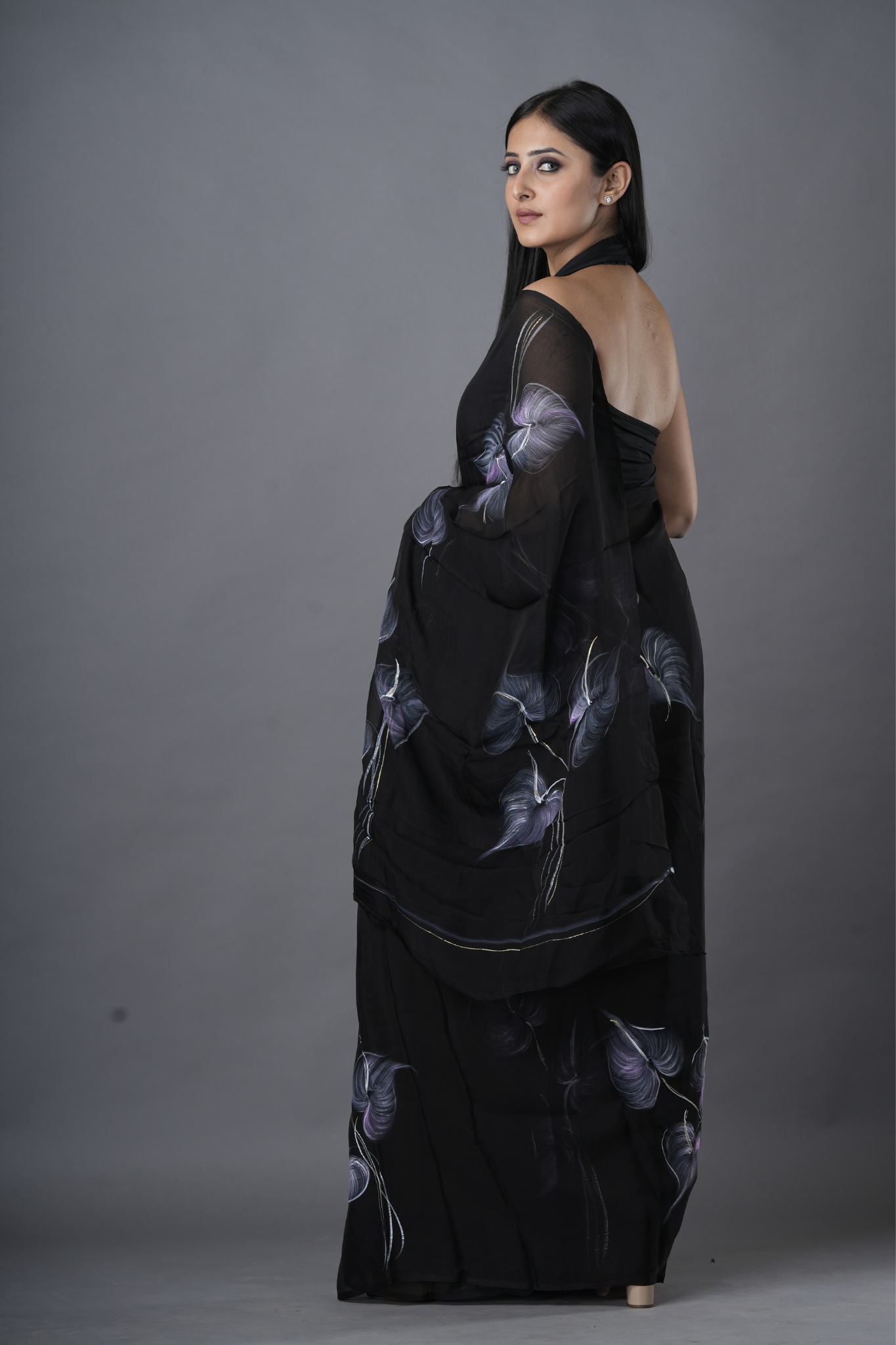 Leafy Midnight Hand Painted Chiffon Saree