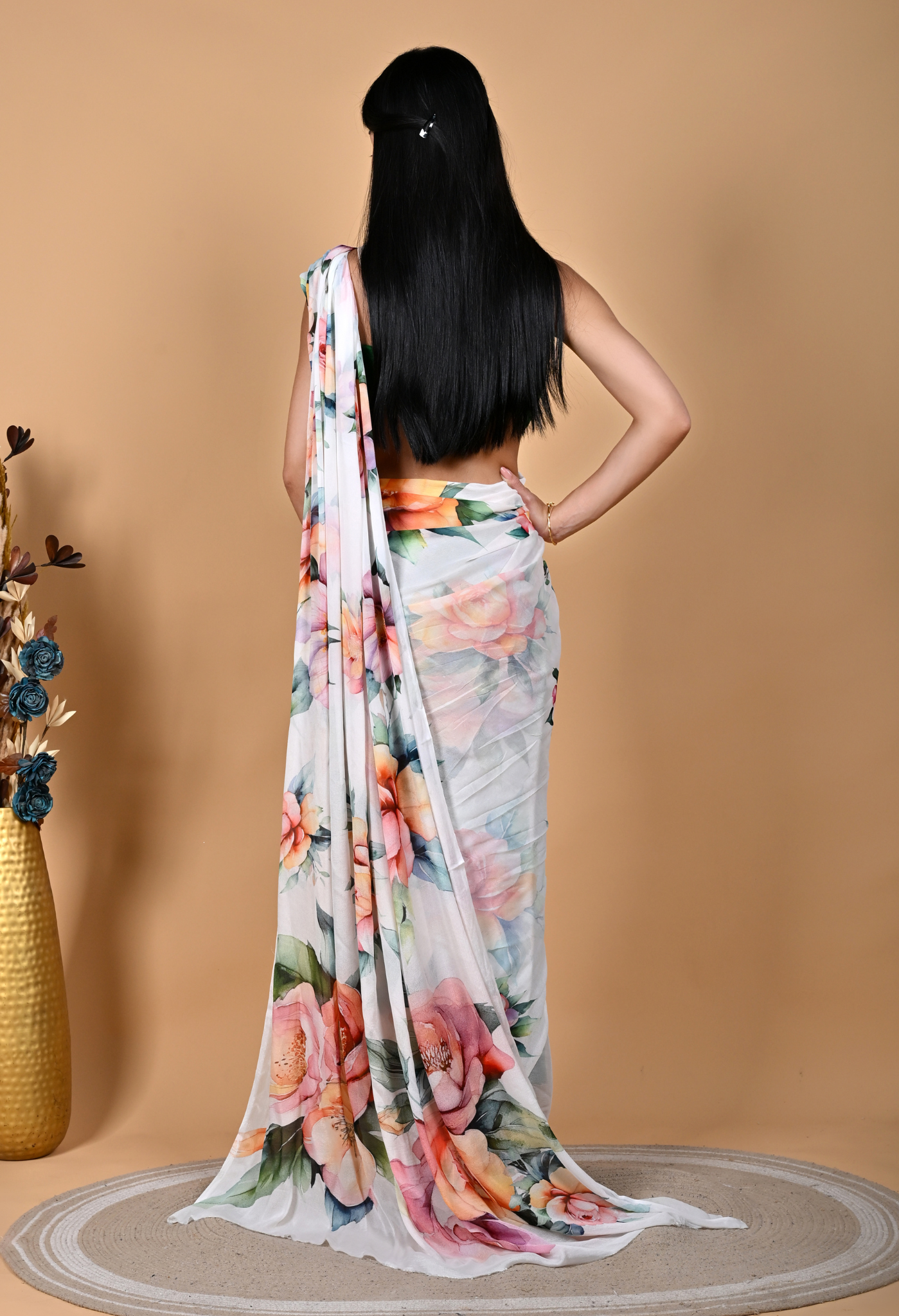 Snow White Digital Print Chinnon Floral Saree