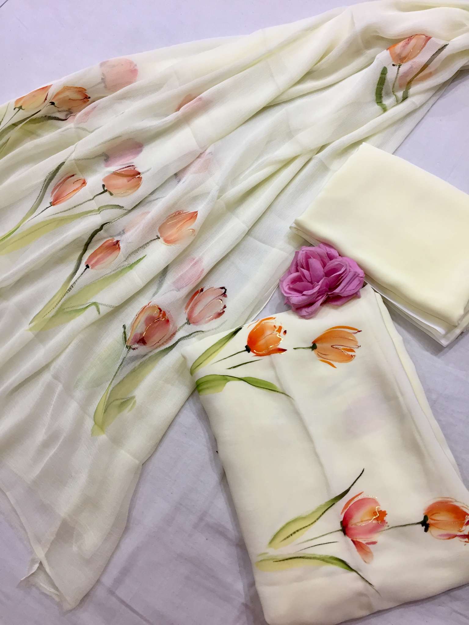 Lemon Tulips Crepe Handpainted Suit