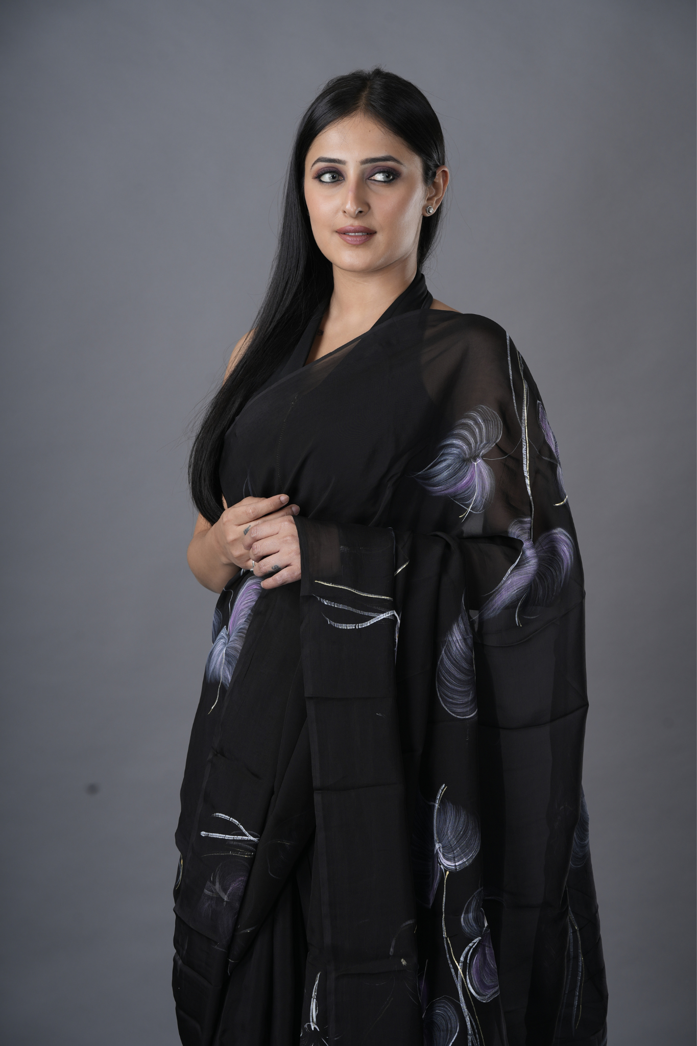 Leafy Midnight Hand Painted Chiffon Saree