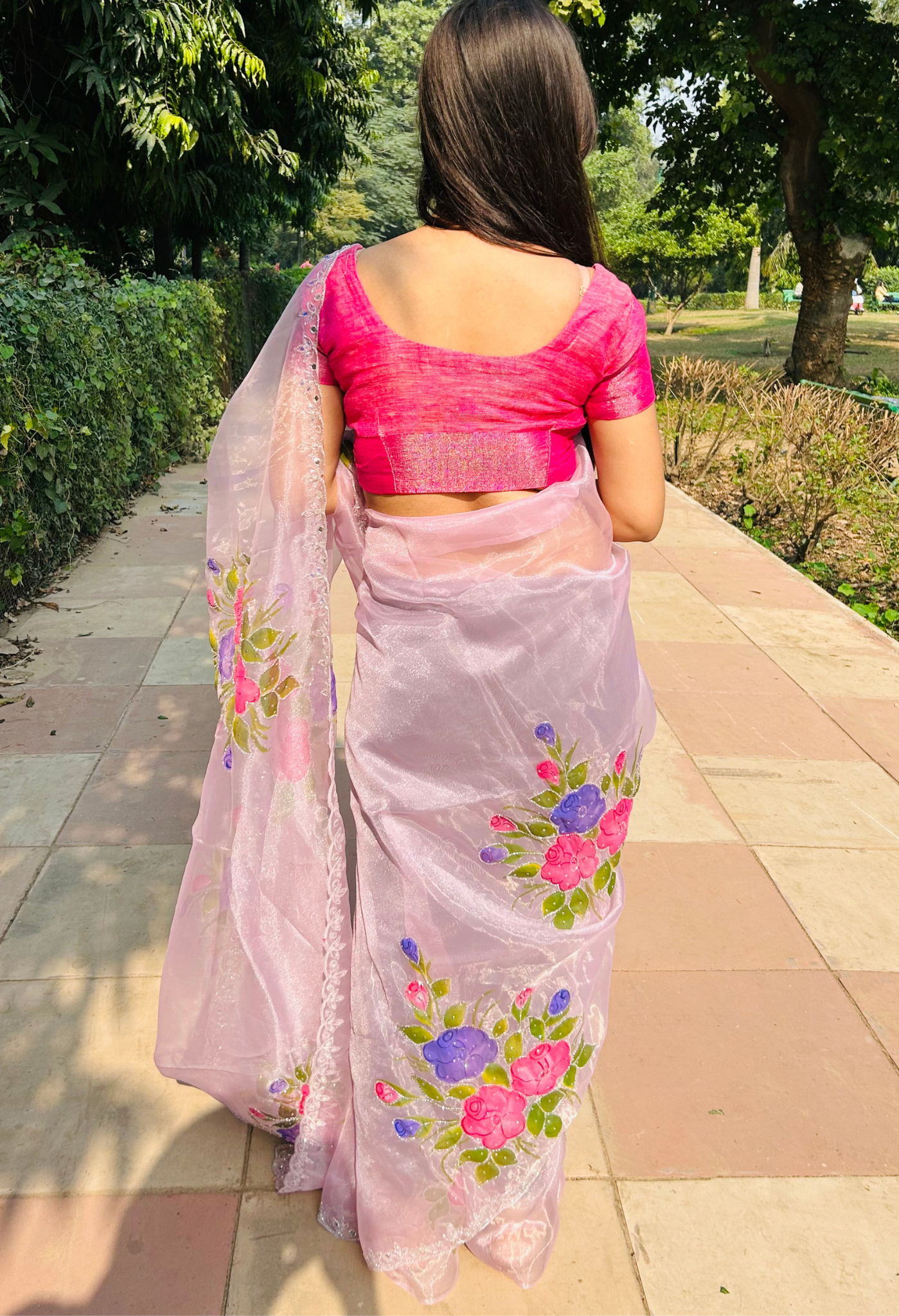 French Rose Hand Painted Organza Saree