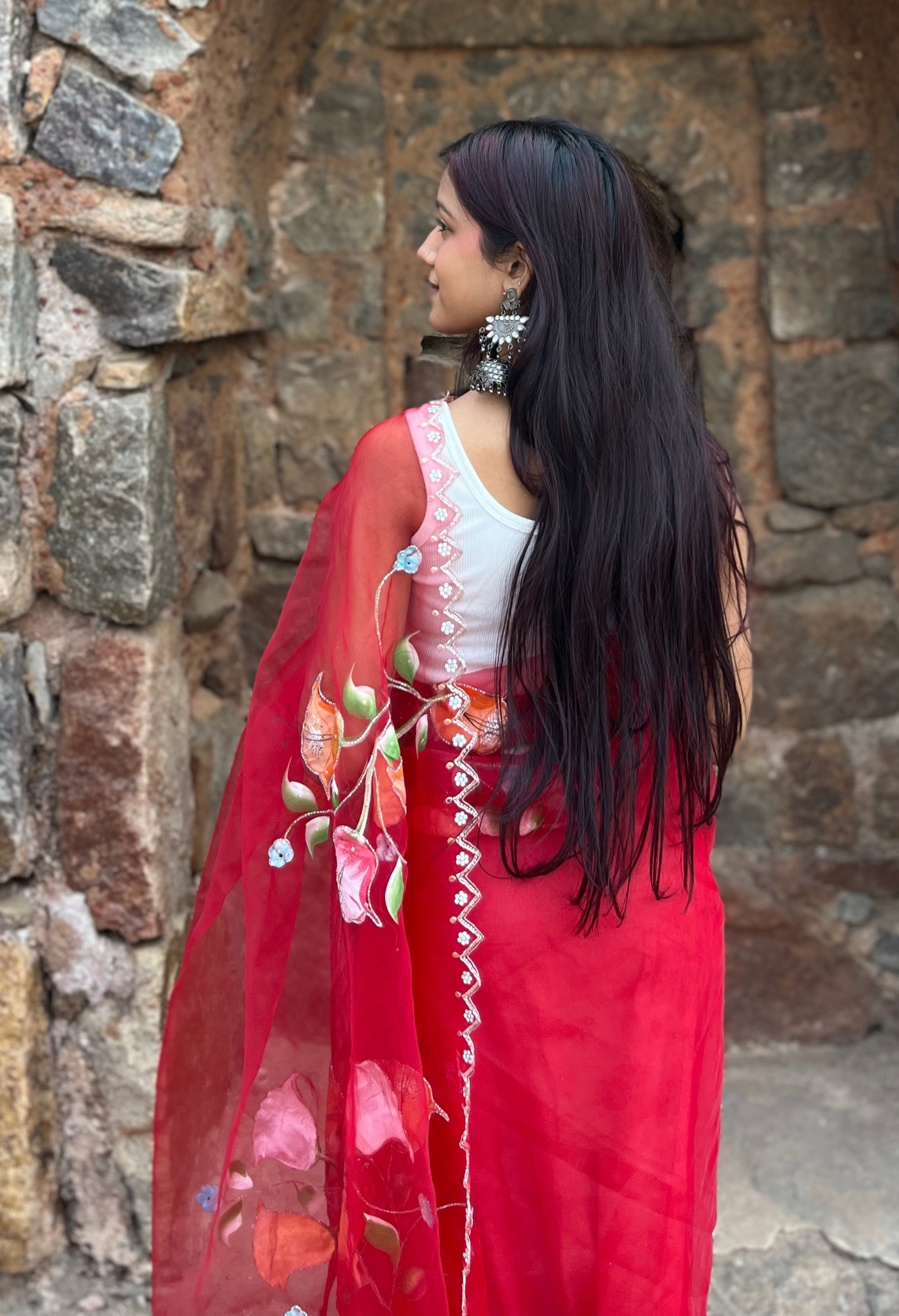 Cherry Blossom Organza Hand Painted Saree