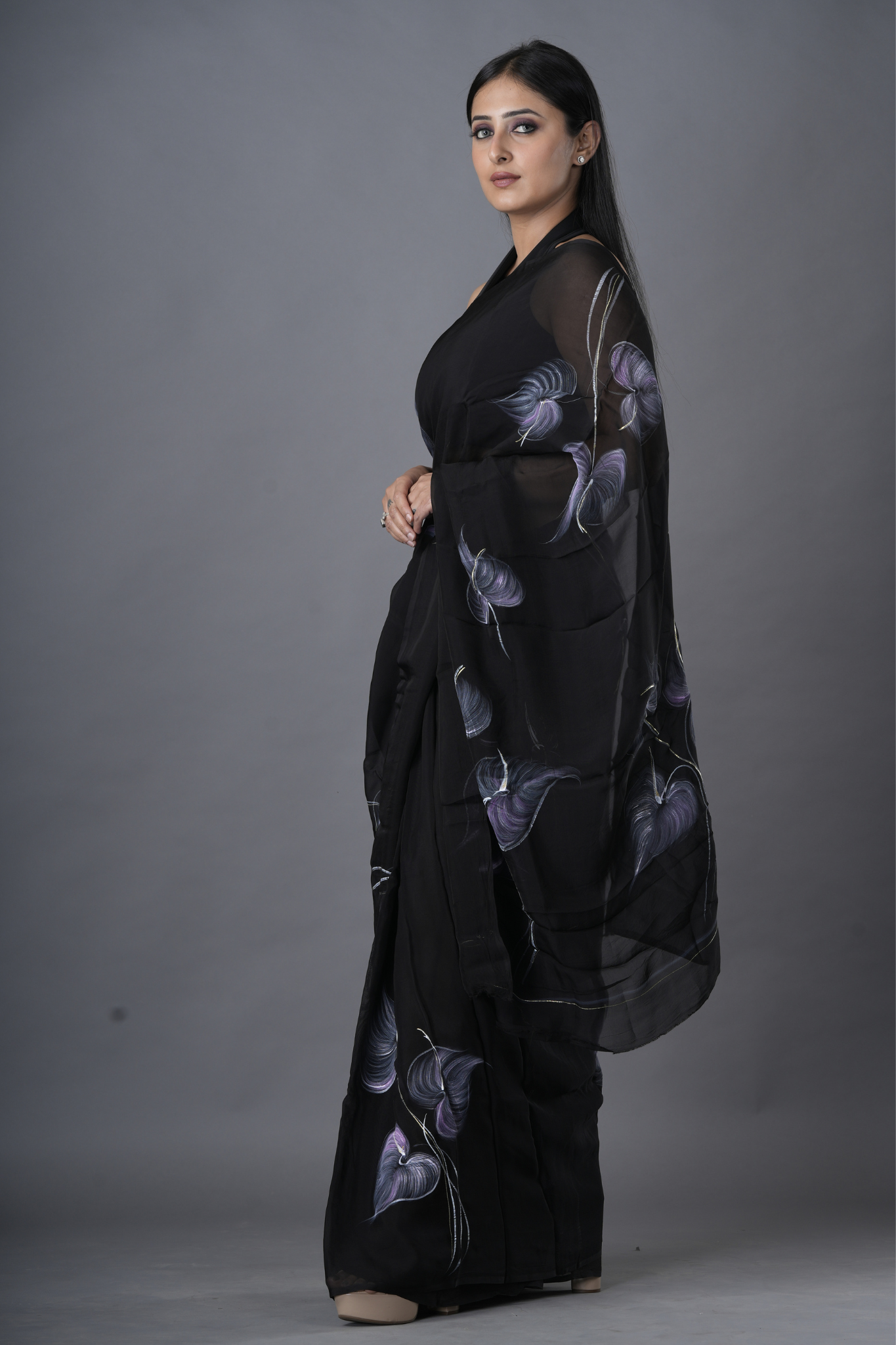 Leafy Midnight Hand Painted Chiffon Saree