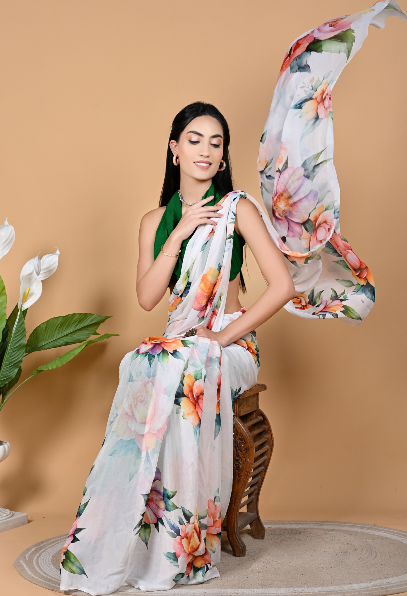 Snow White Digital Print Chinnon Floral Saree