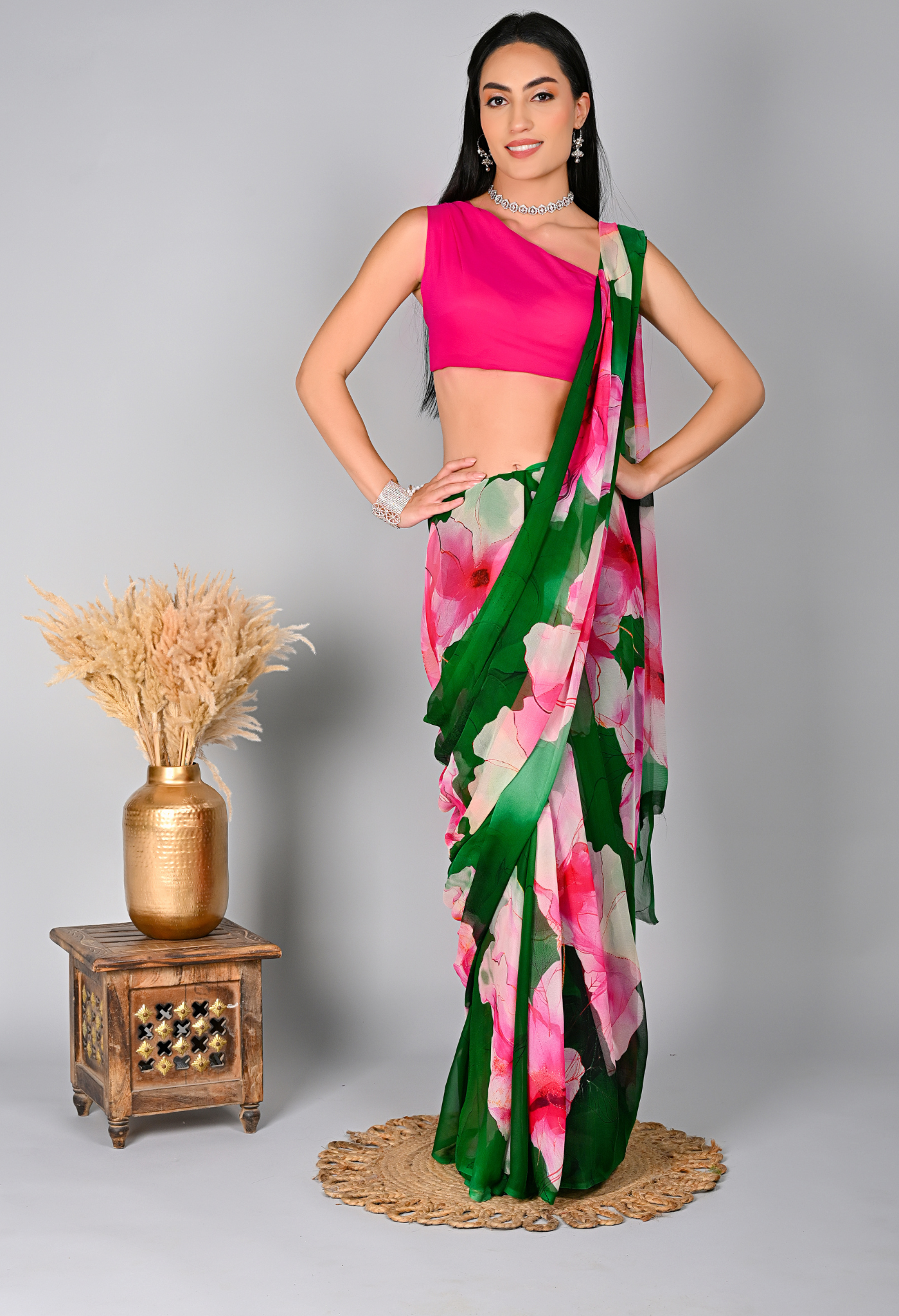 Green Blossom Pure Chinnon Digital Print Saree