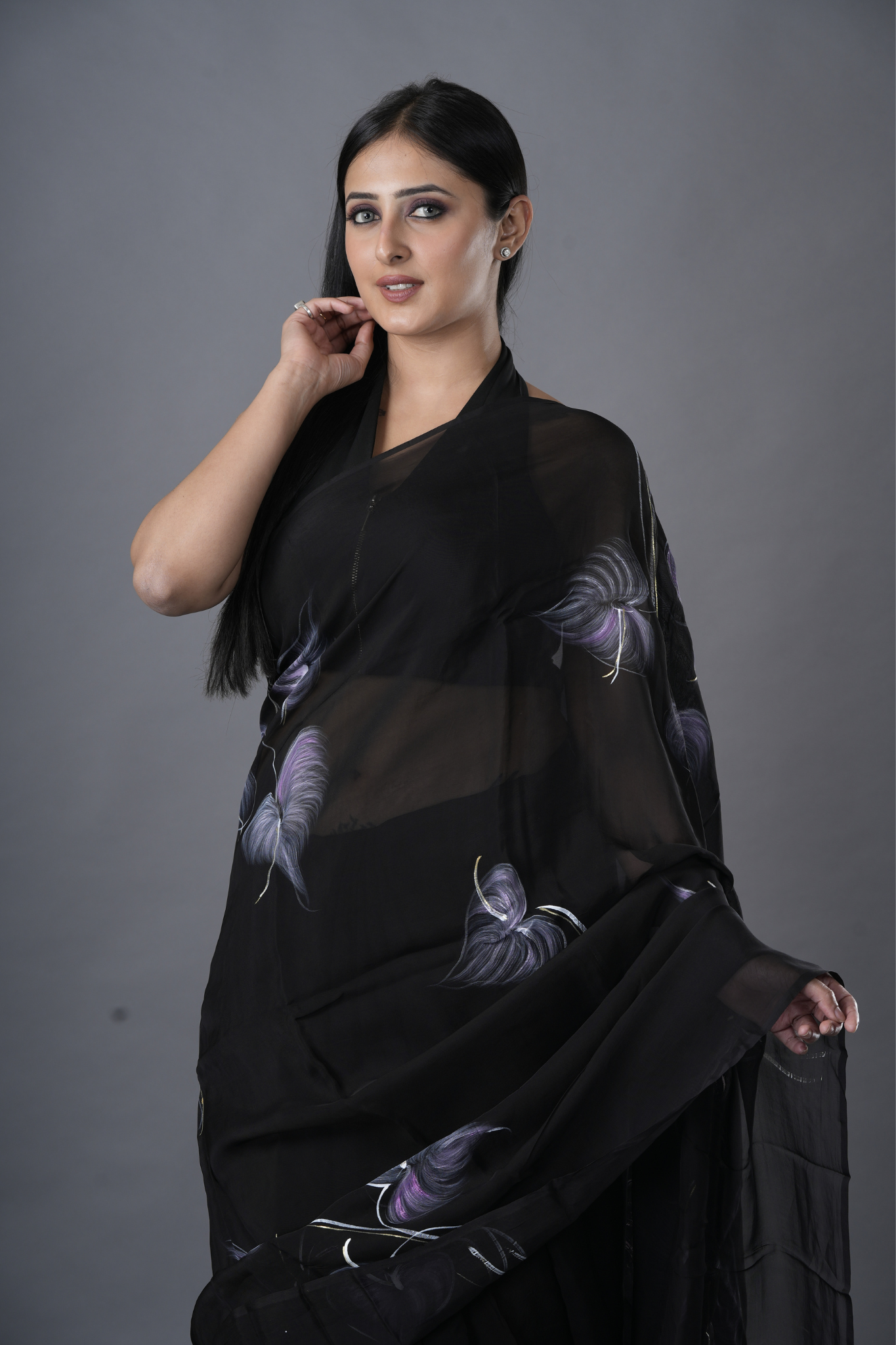 Leafy Midnight Hand Painted Chiffon Saree