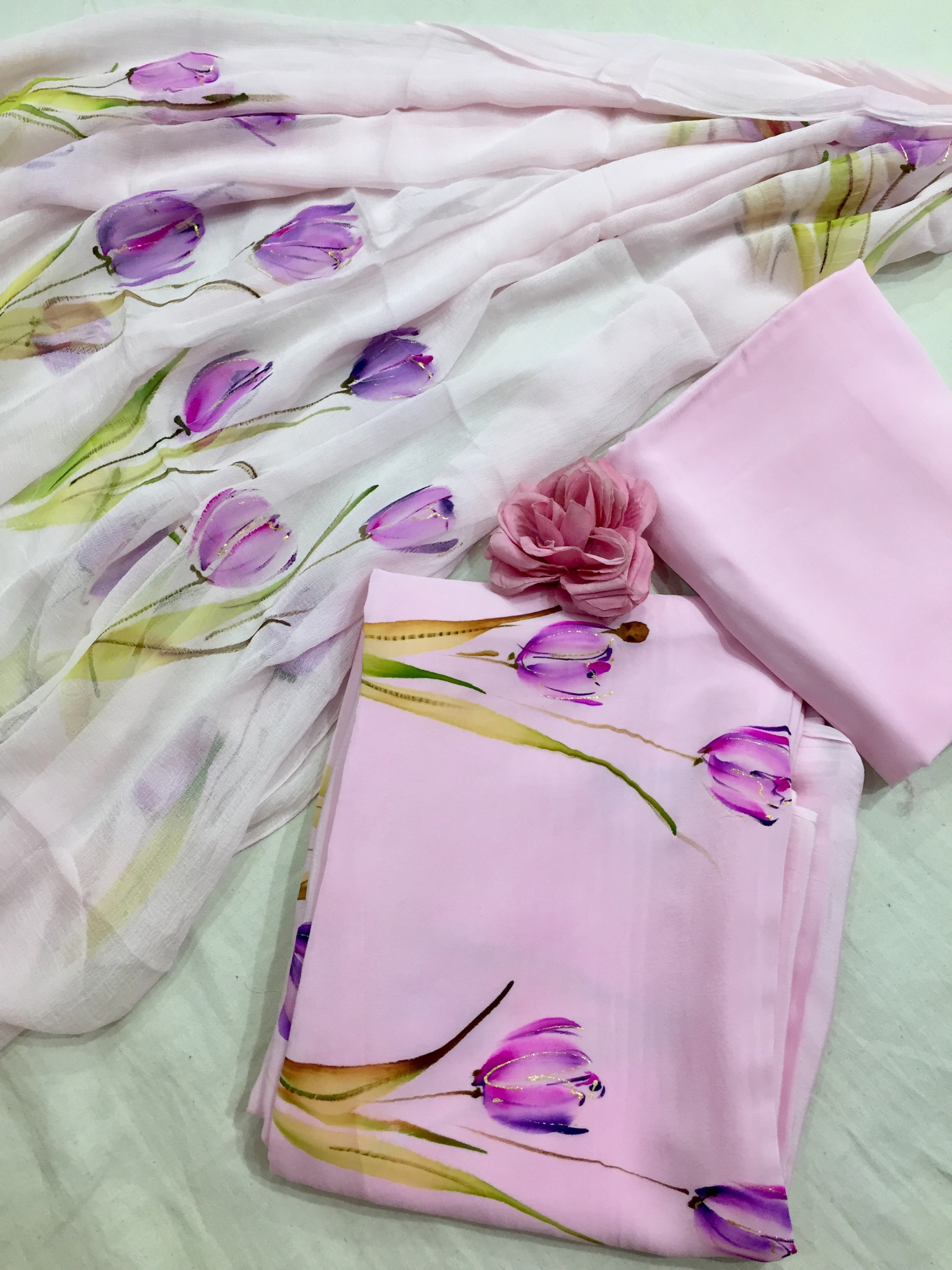 Pink Tulips Crepe Handpainted Suit Set