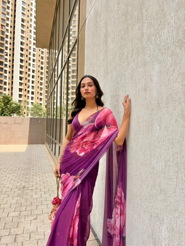 Persian Plum Floral Saree with Cut dana work and Scallop Border