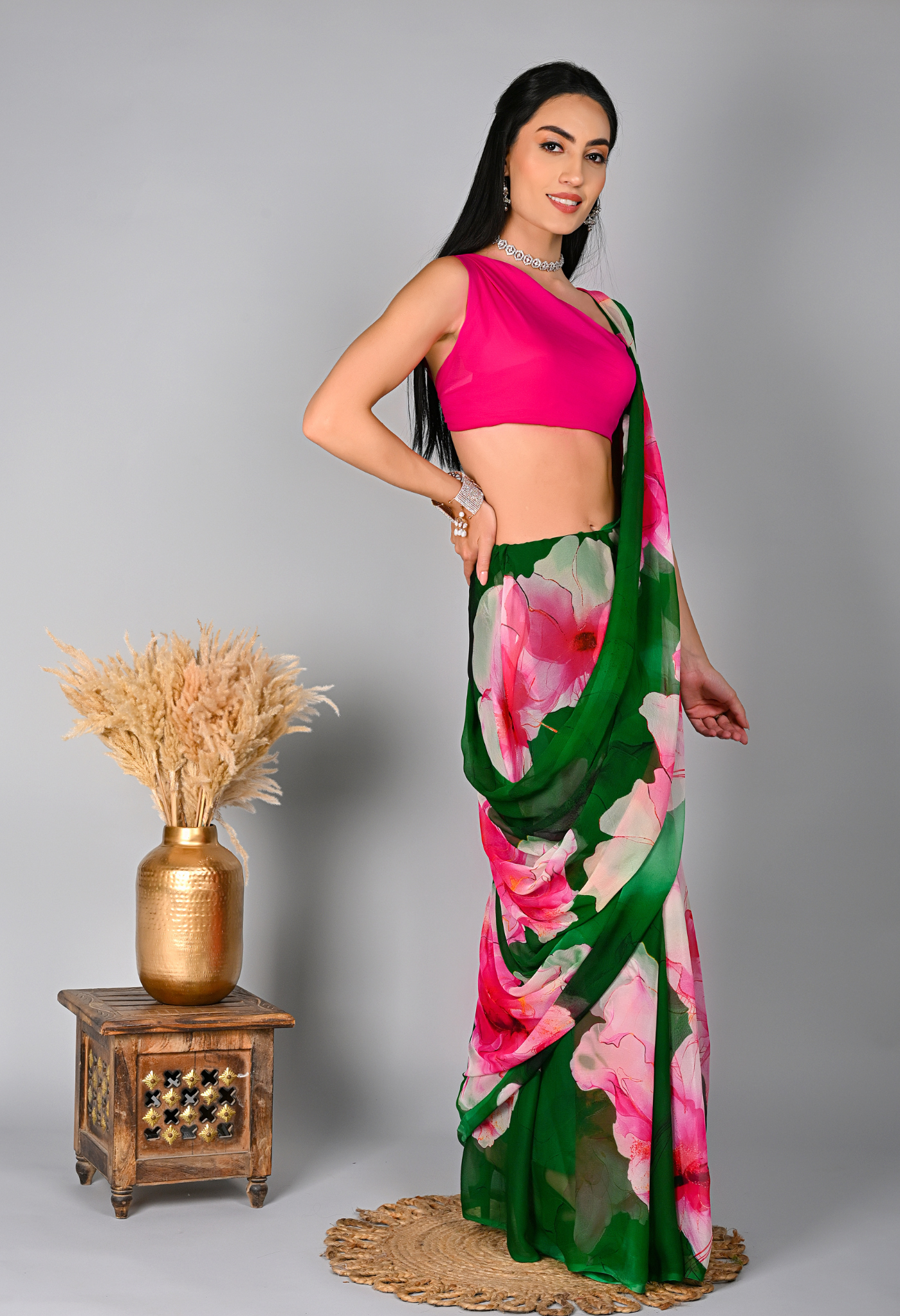 Green Blossom Pure Chinnon Digital Print Saree