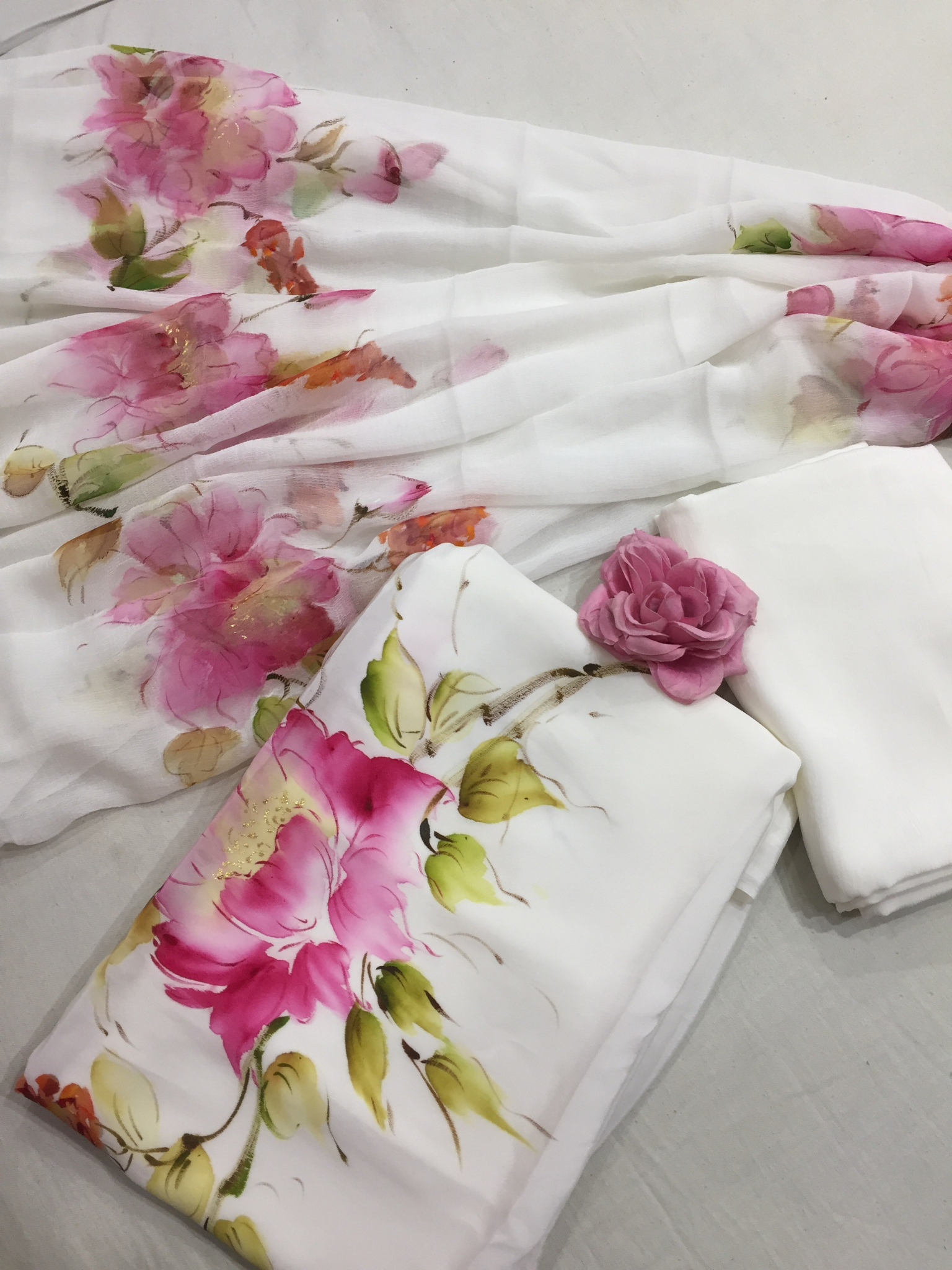 Pink Blossoms Crepe Hand Painted Suit Set