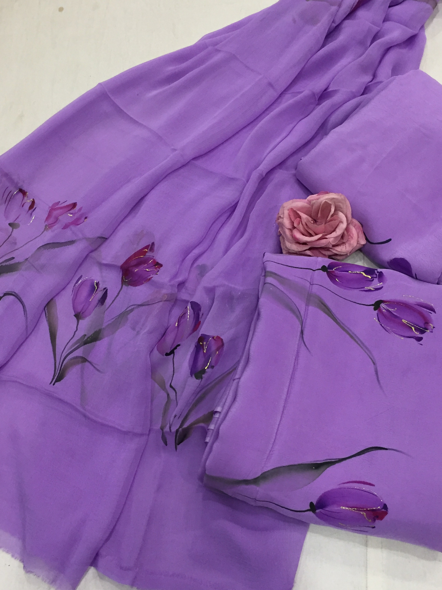 Purple Tulip Crepe Hand Painted Suit Set