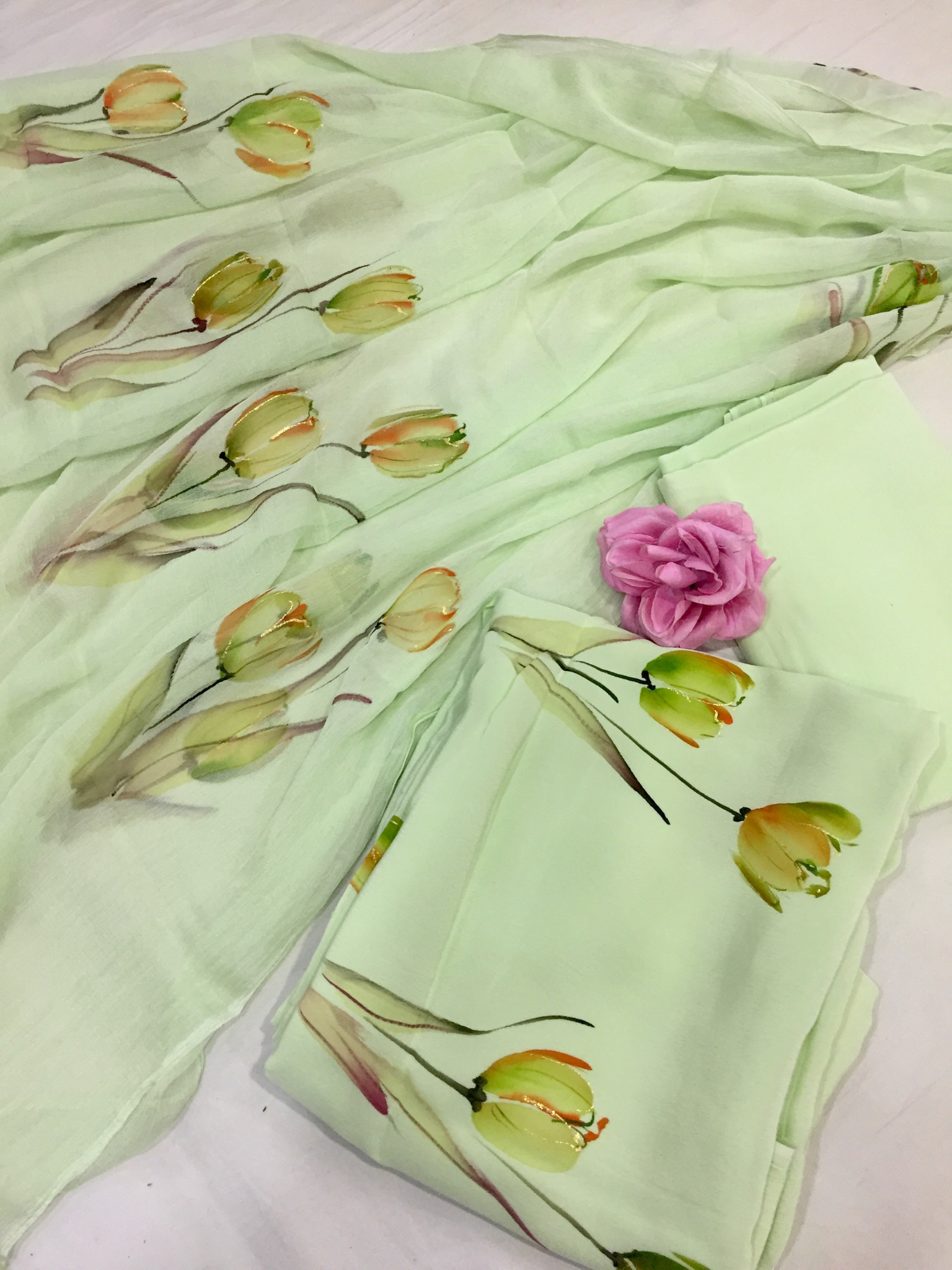 Lush Green Tulip Crepe Hand Painted Suit Set