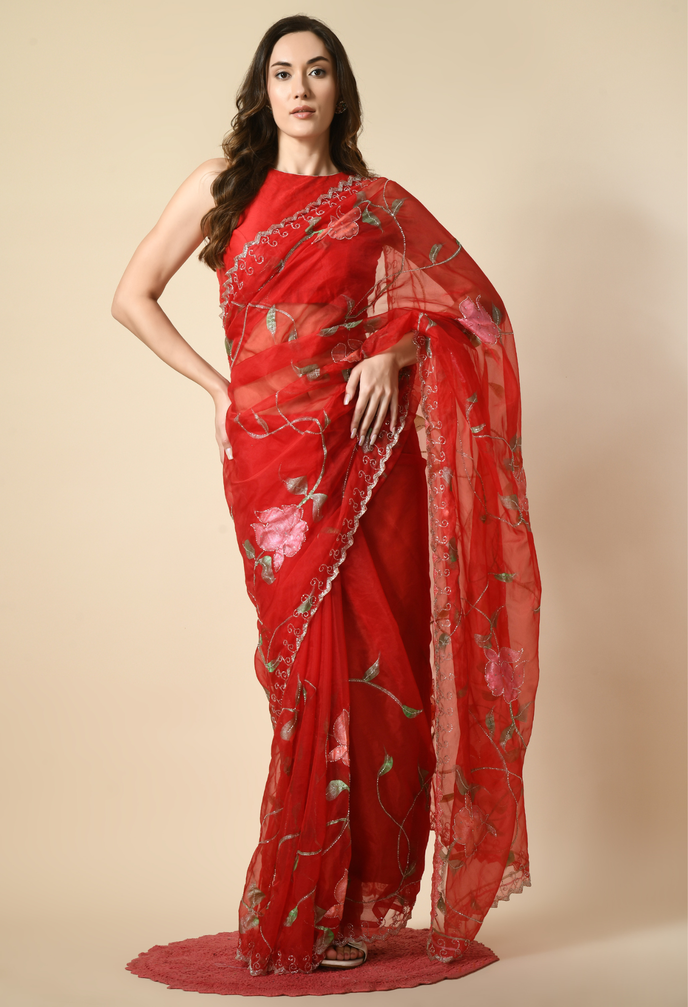 All Shimmer Hand Painted Organza Saree