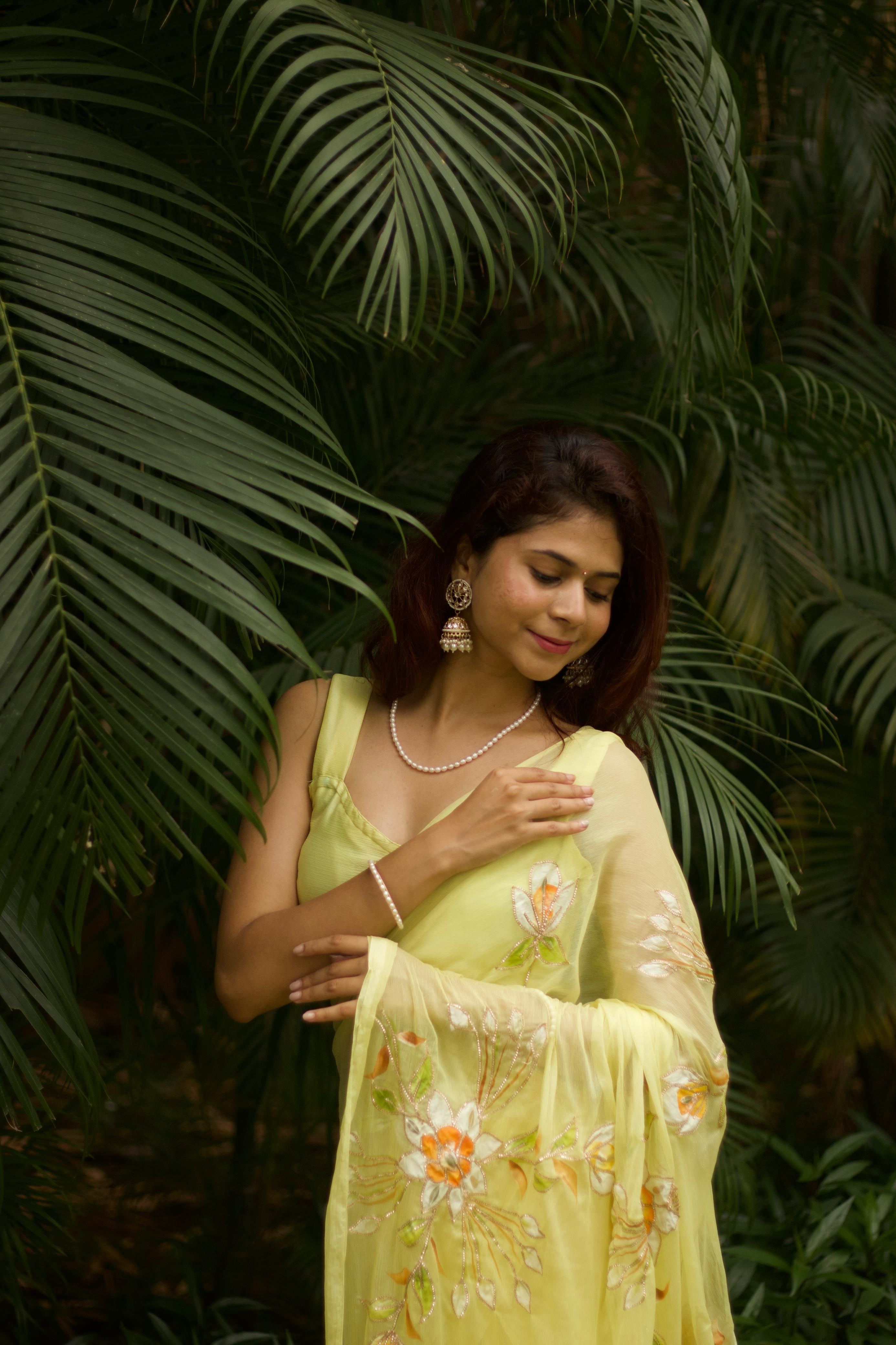 Pastel Yellow Hand Painted Floral Chiffon Saree
