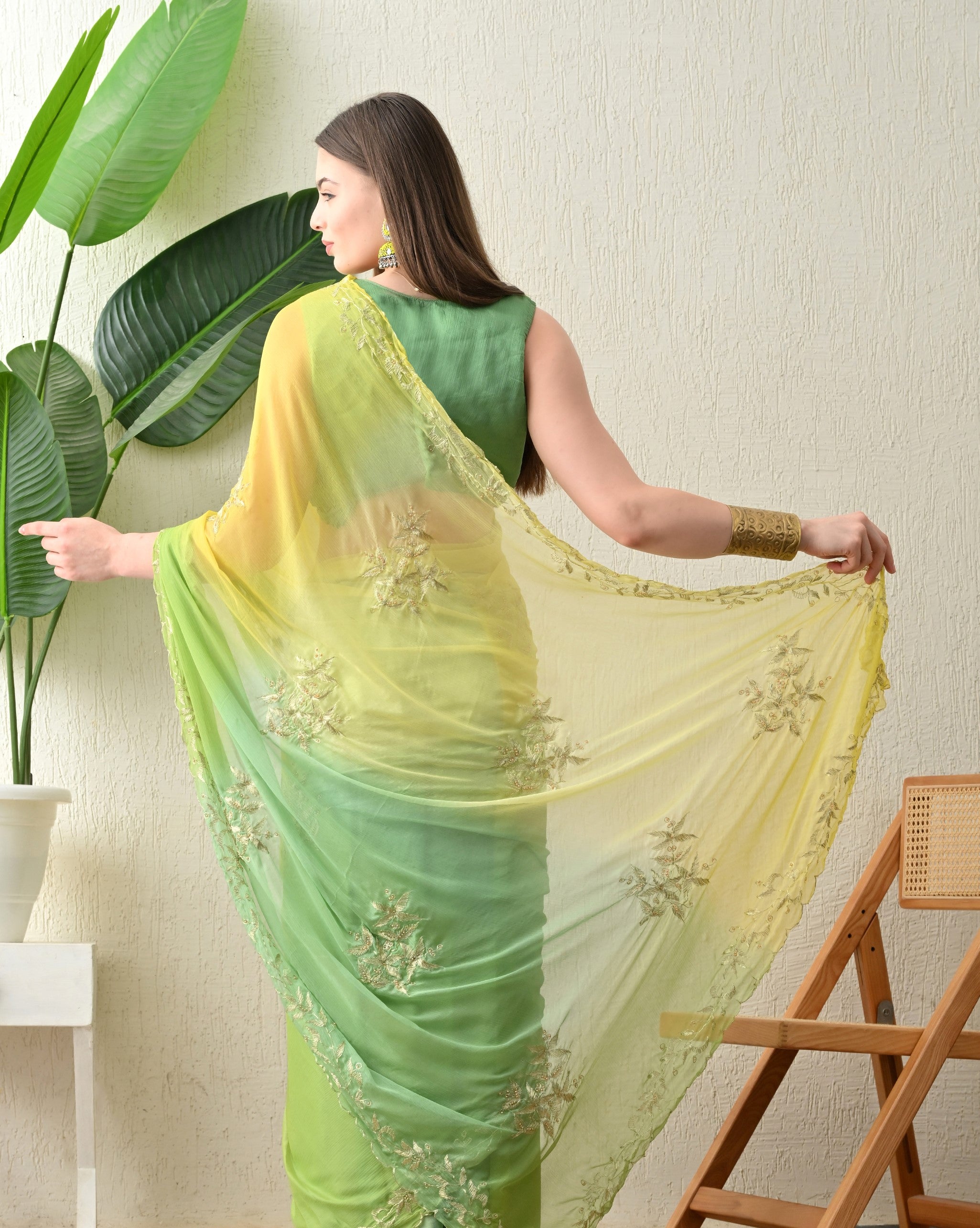 Raw Mango Hue Embroidered Chiffon Saree