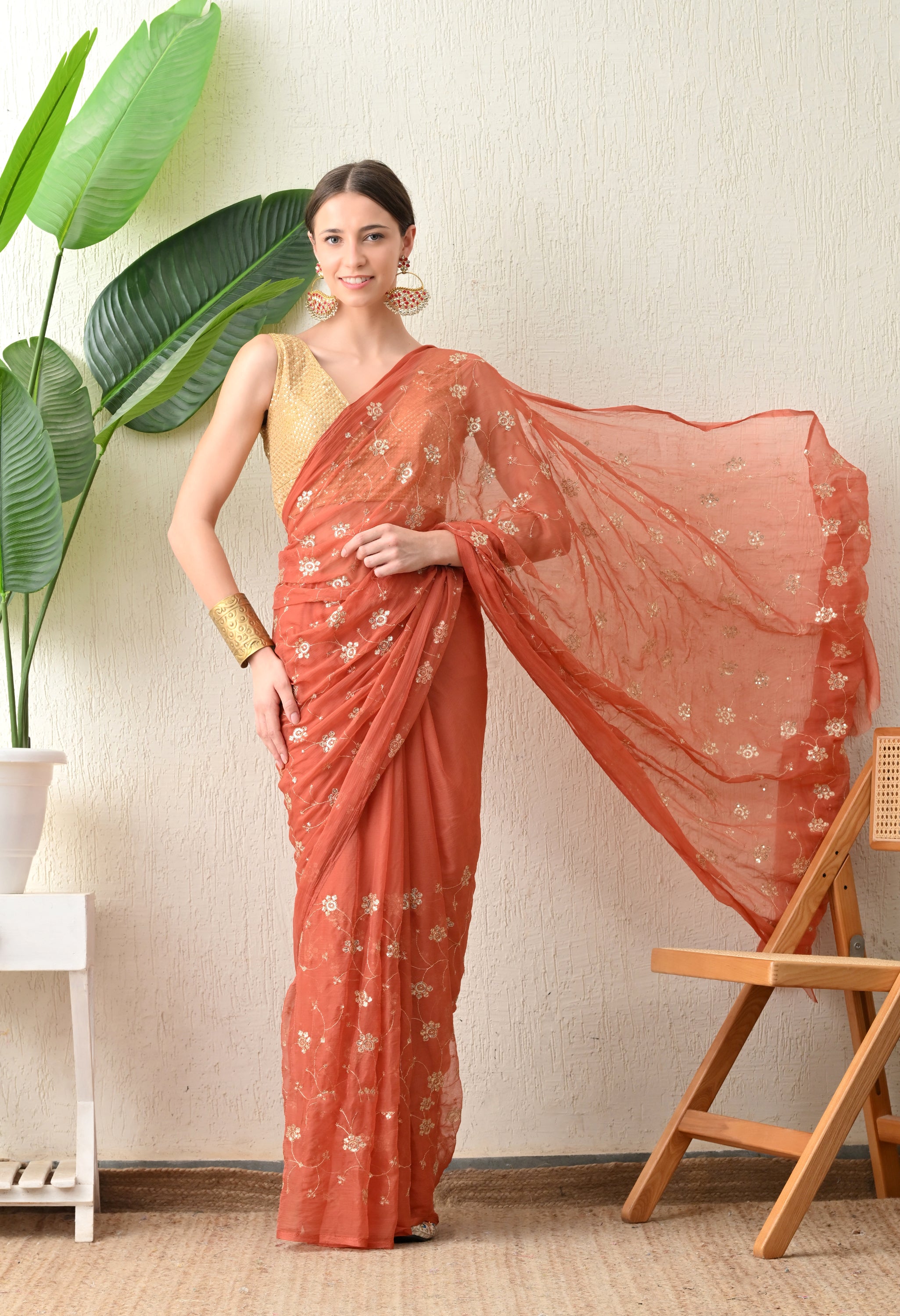 Coral all over work Chiffon Saree