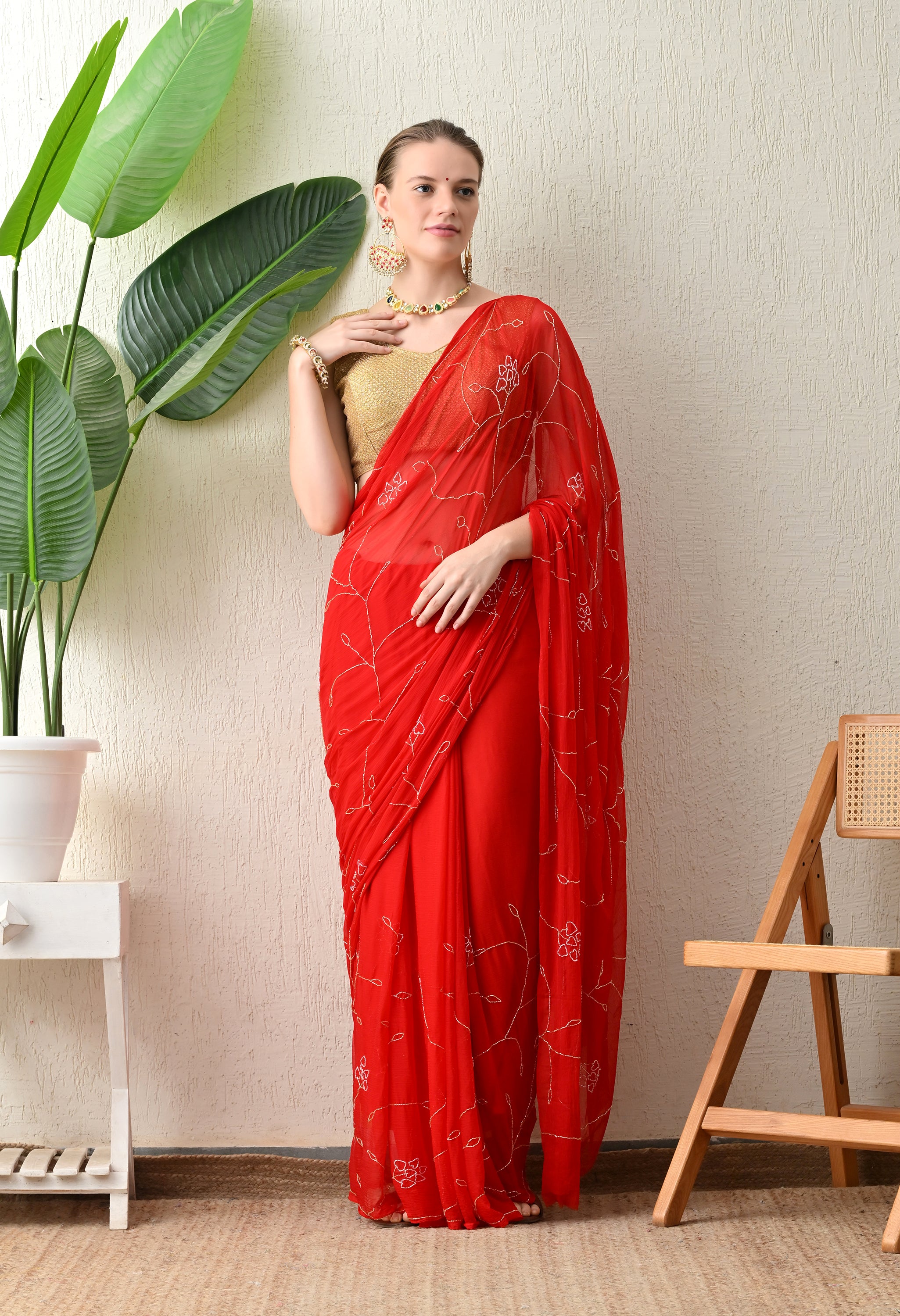 Fire Red Embellished Chiffon Saree