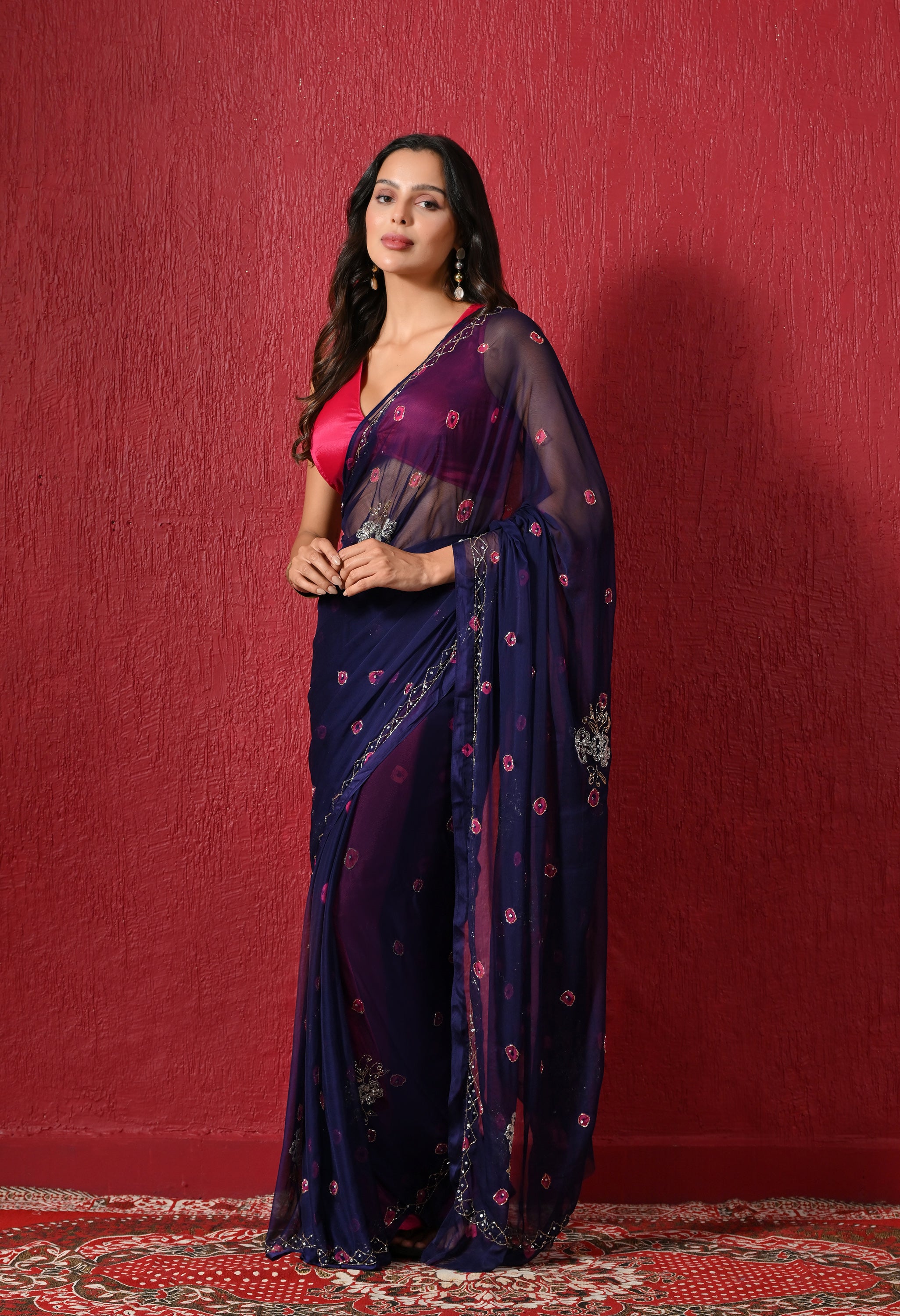 Navy Royale Bandhani Handwork Italian Chiffon Saree