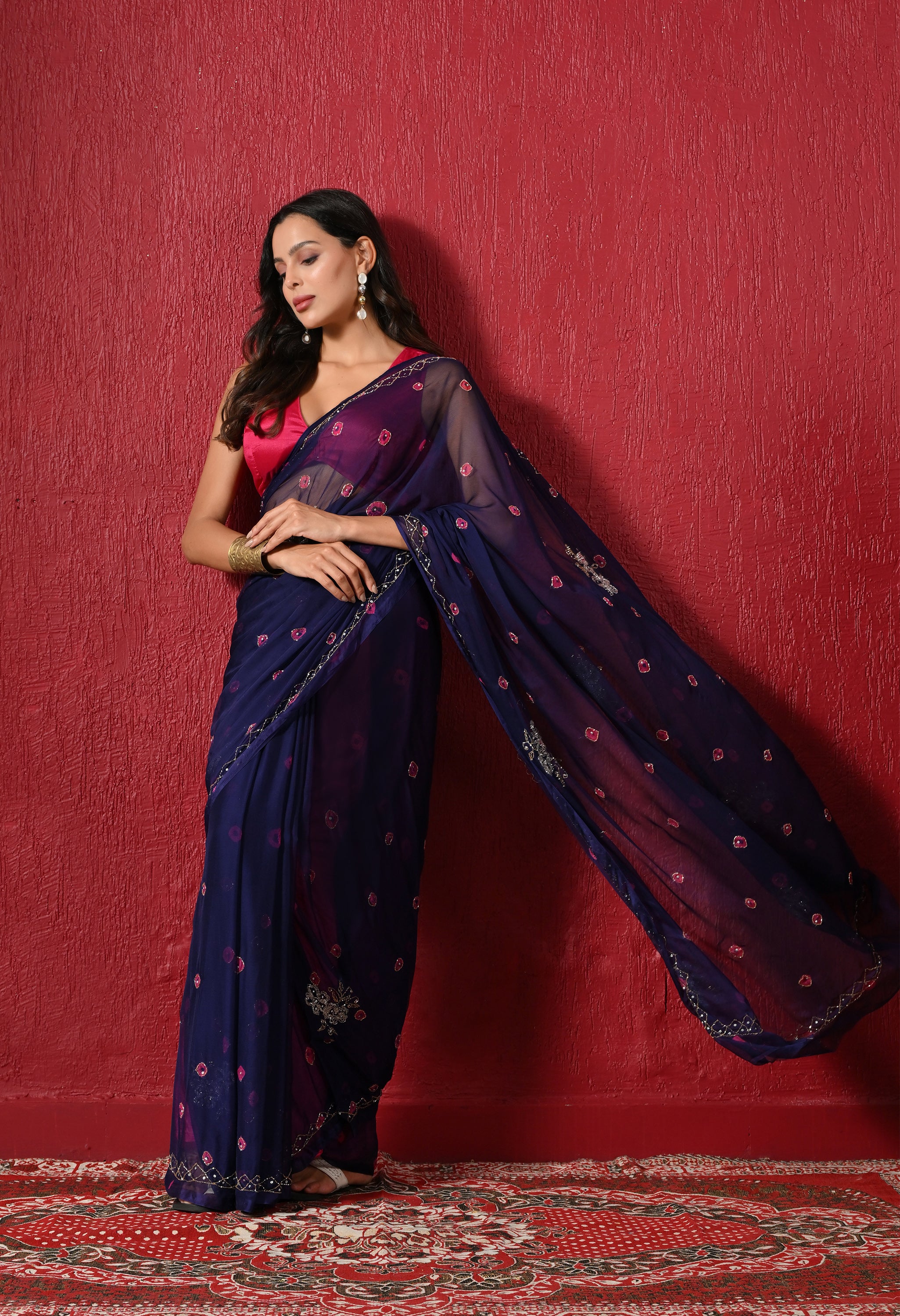 Navy Royale Bandhani Handwork Italian Chiffon Saree