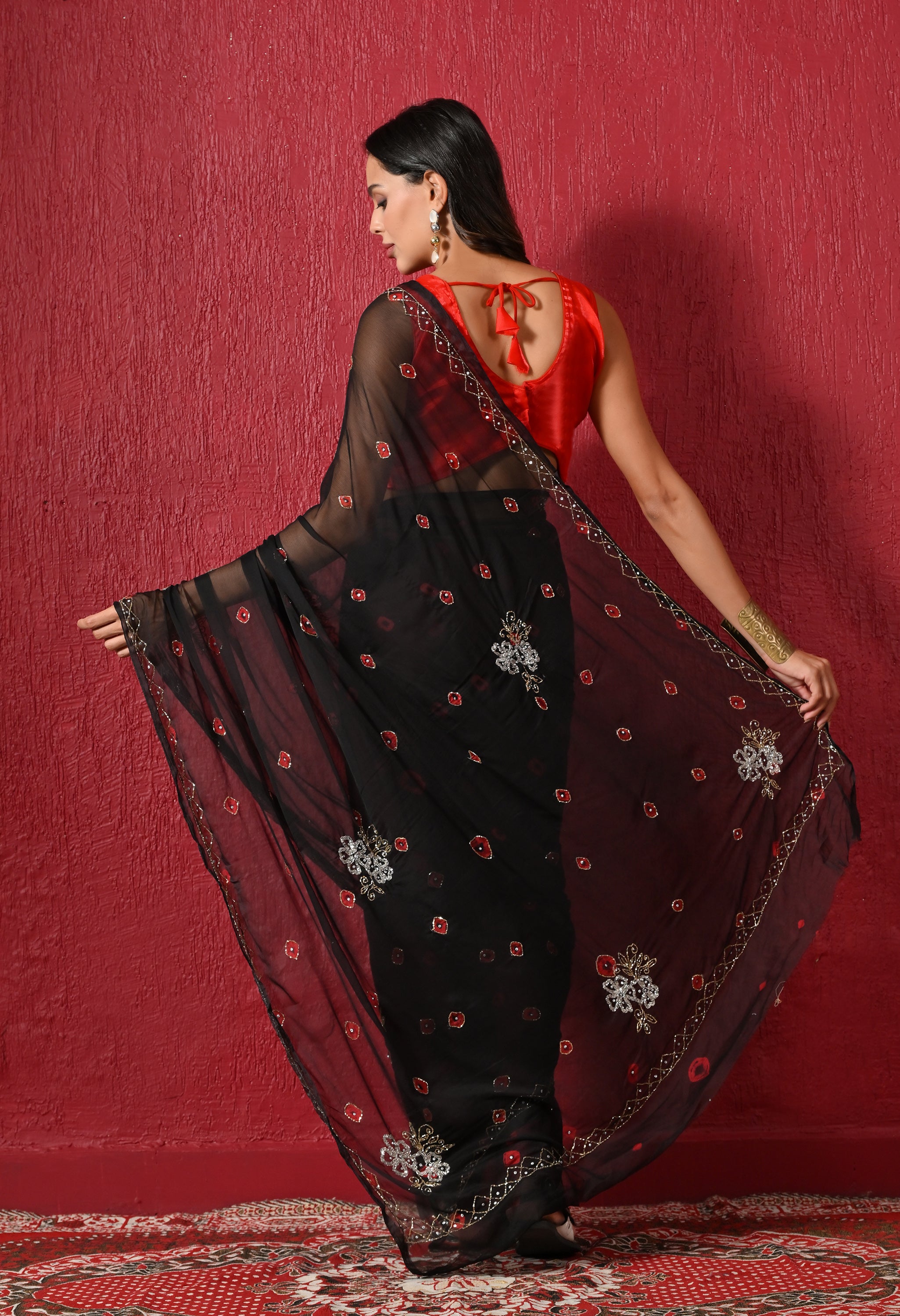Royal Noir Bandhani Handwork Italian Chiffon Saree