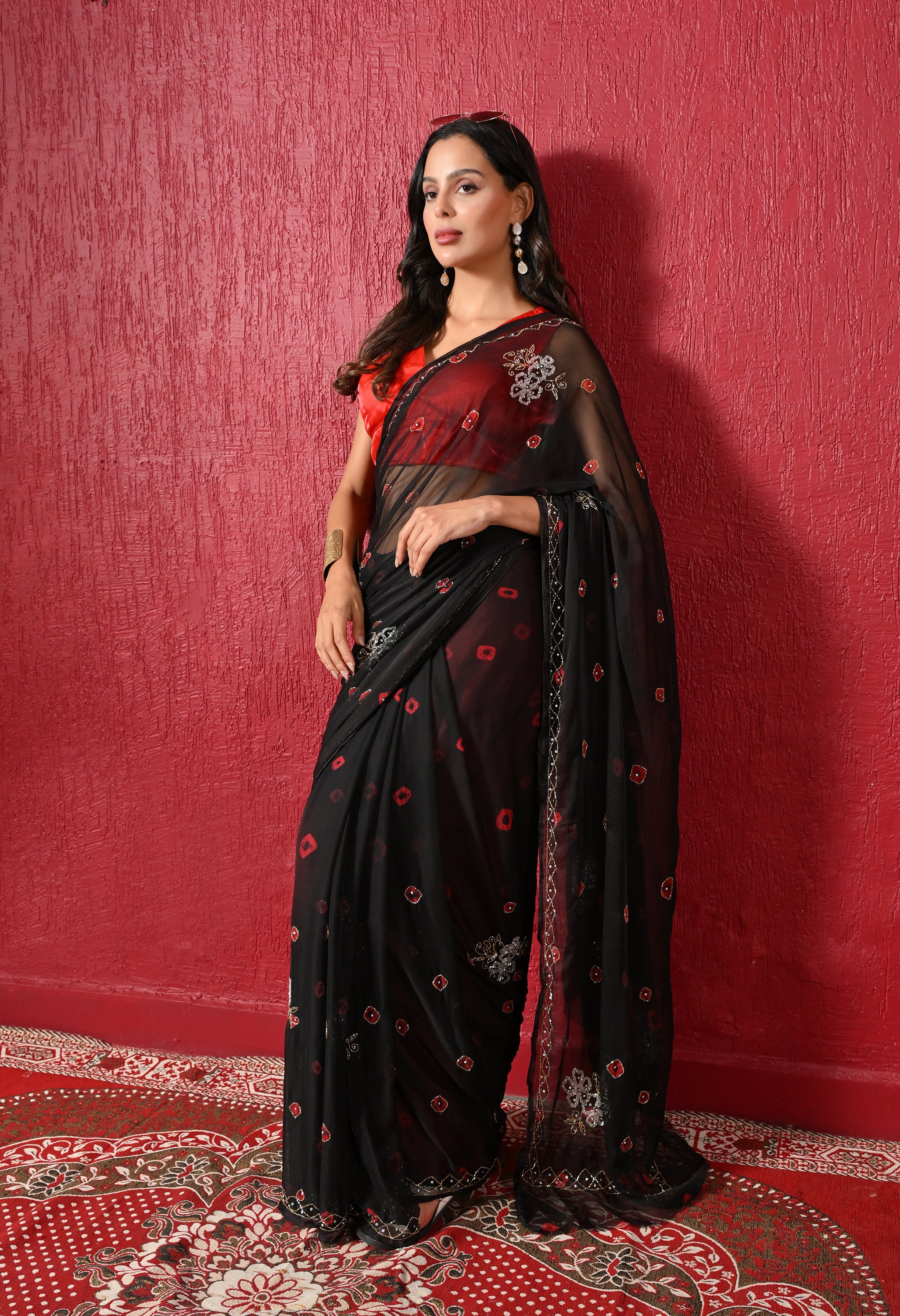 Royal Noir Bandhani Handwork Italian Chiffon Saree