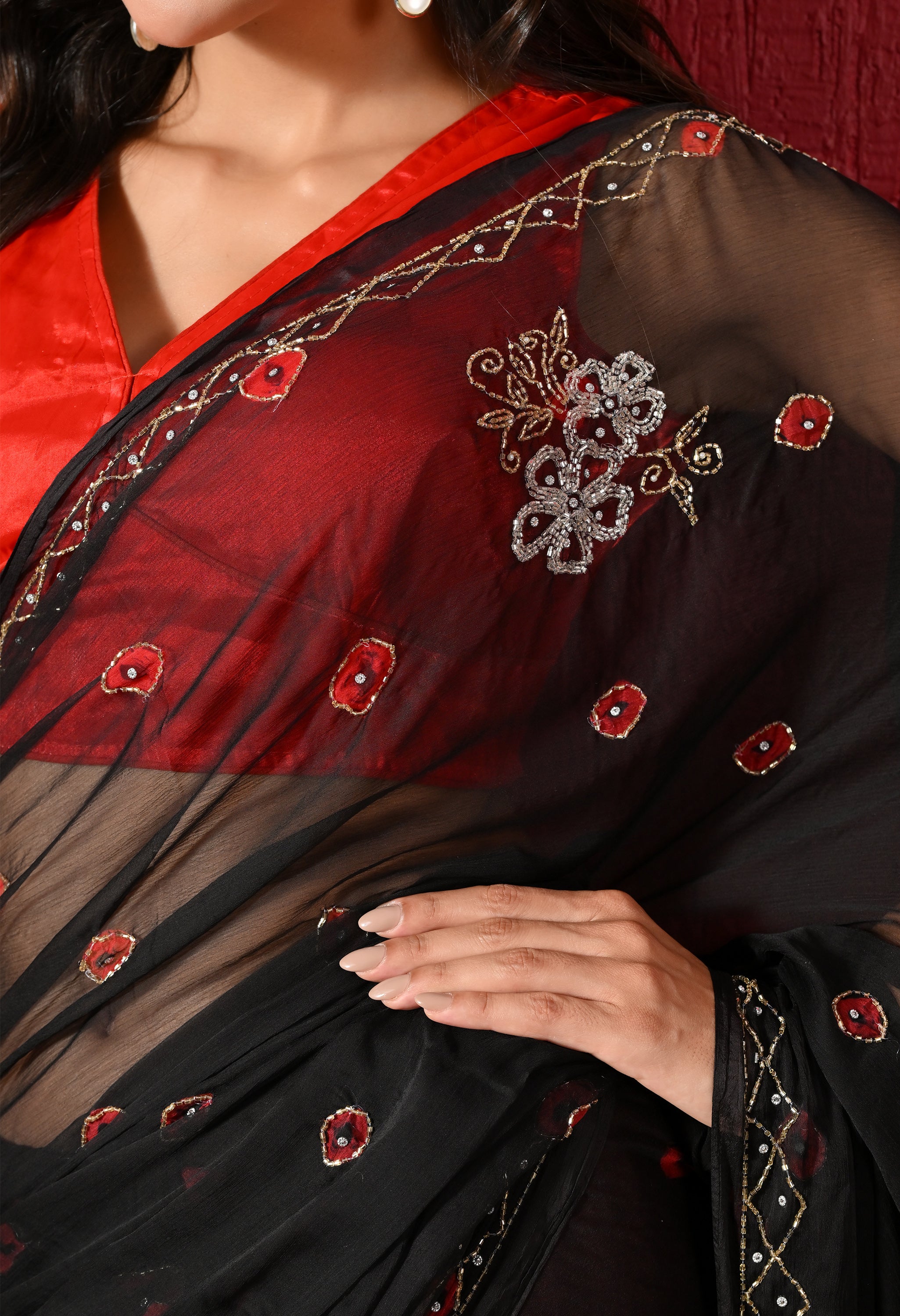 Royal Noir Bandhani Handwork Italian Chiffon Saree