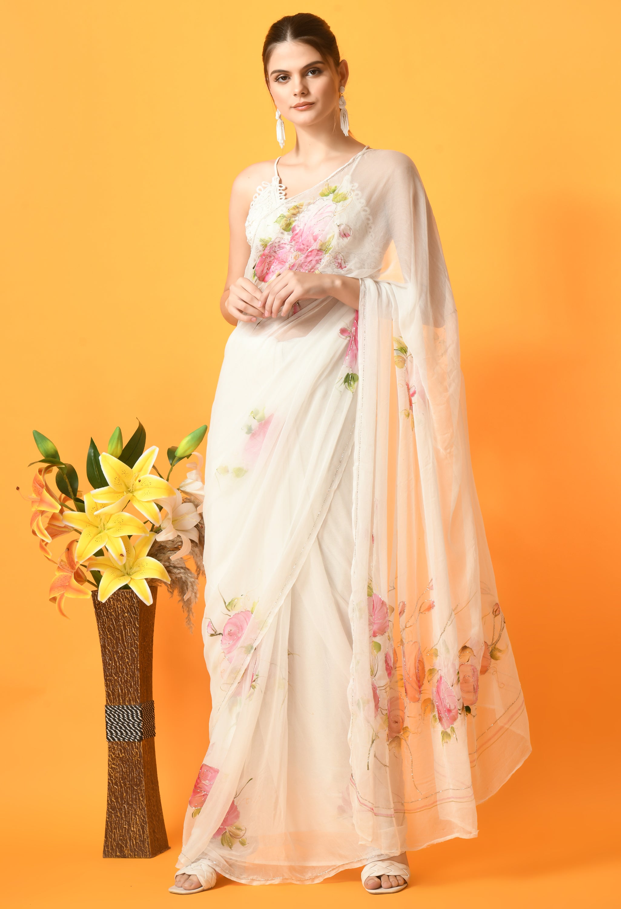 Rose Garden Lily white Hand Painted Chiffon Saree