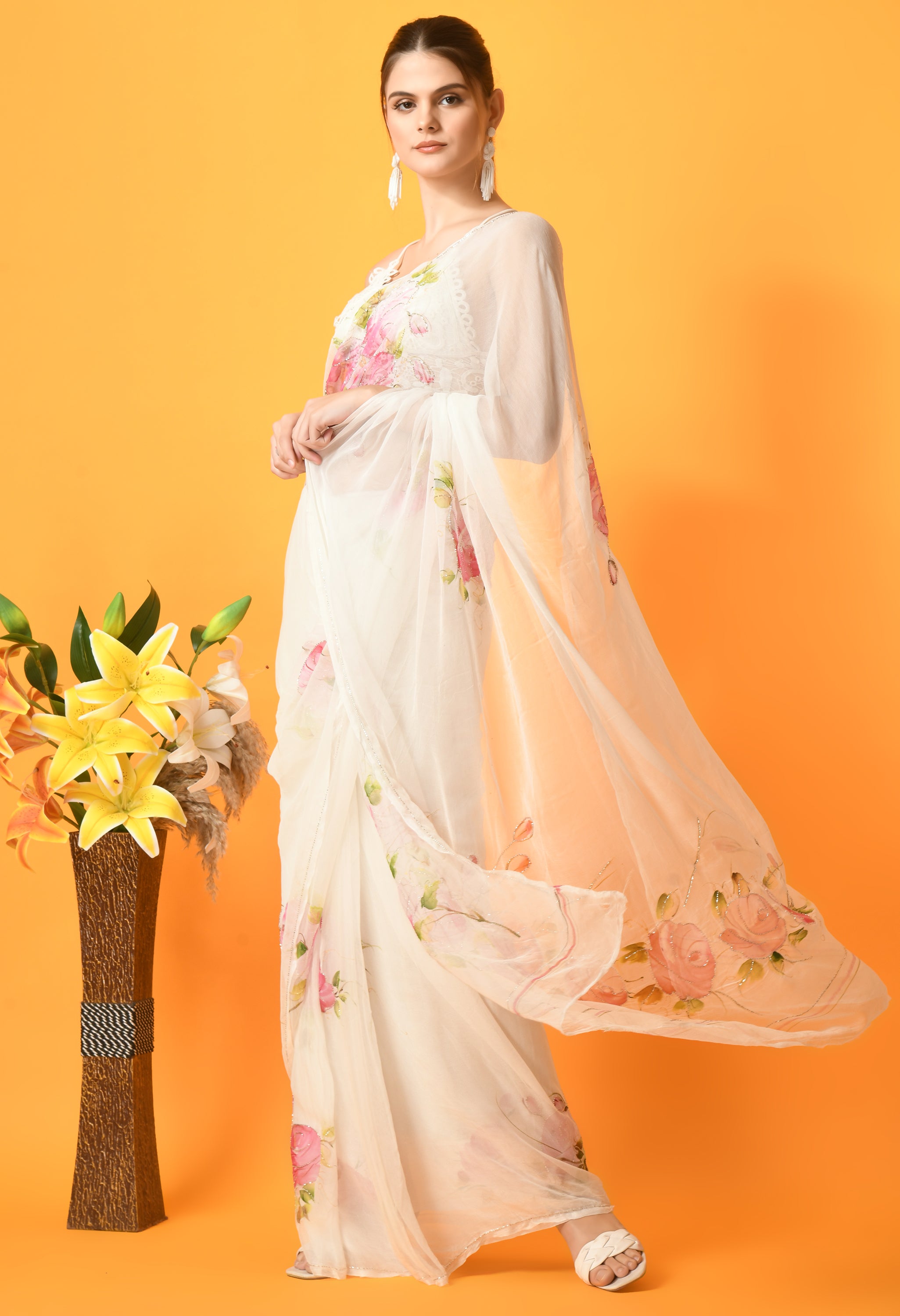 Rose Garden Lily white Hand Painted Chiffon Saree