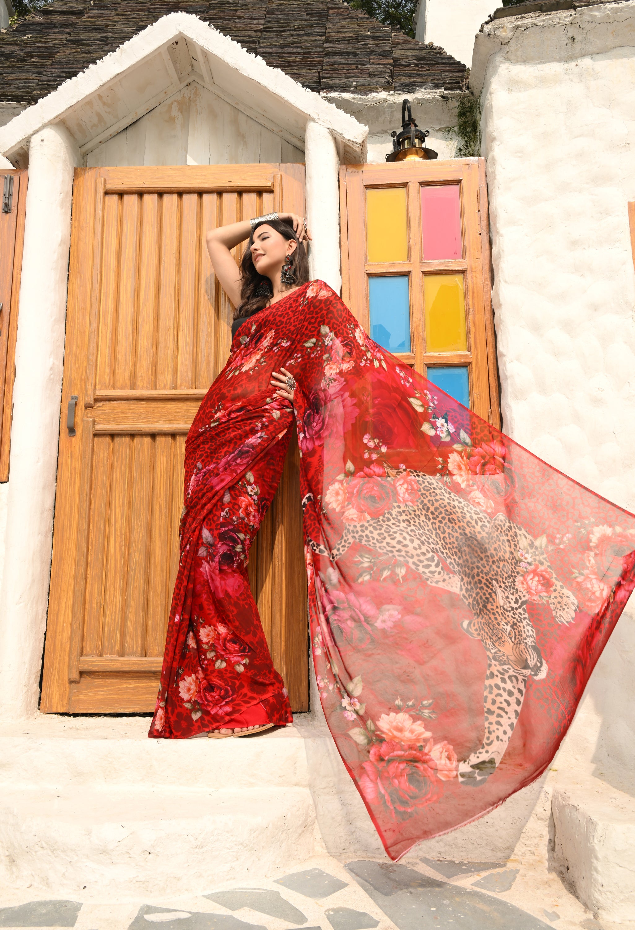Cheta Scarlet Wildflower Pure Chiffon Saree