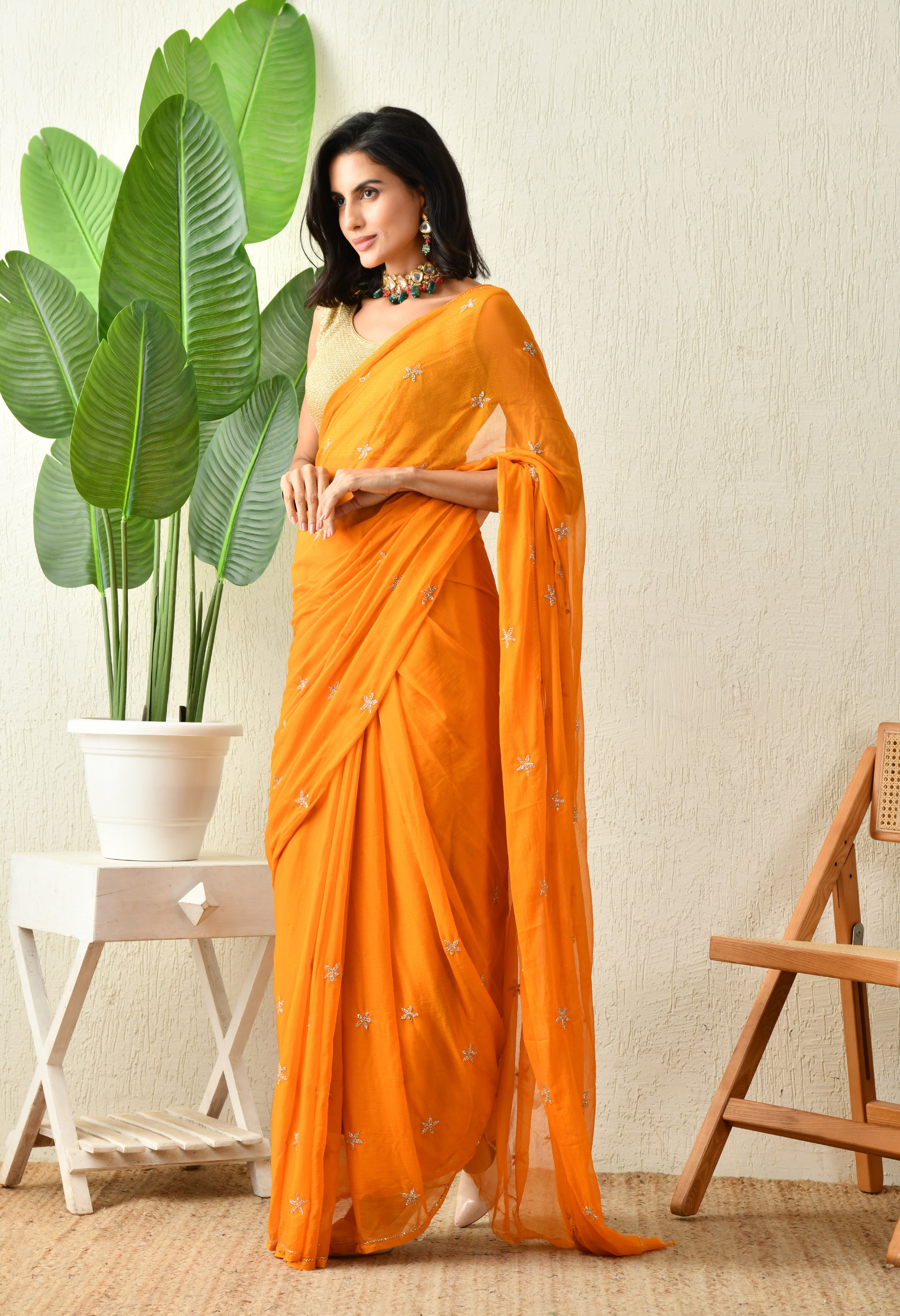 Dutch Orange Embellished Chiffon saree