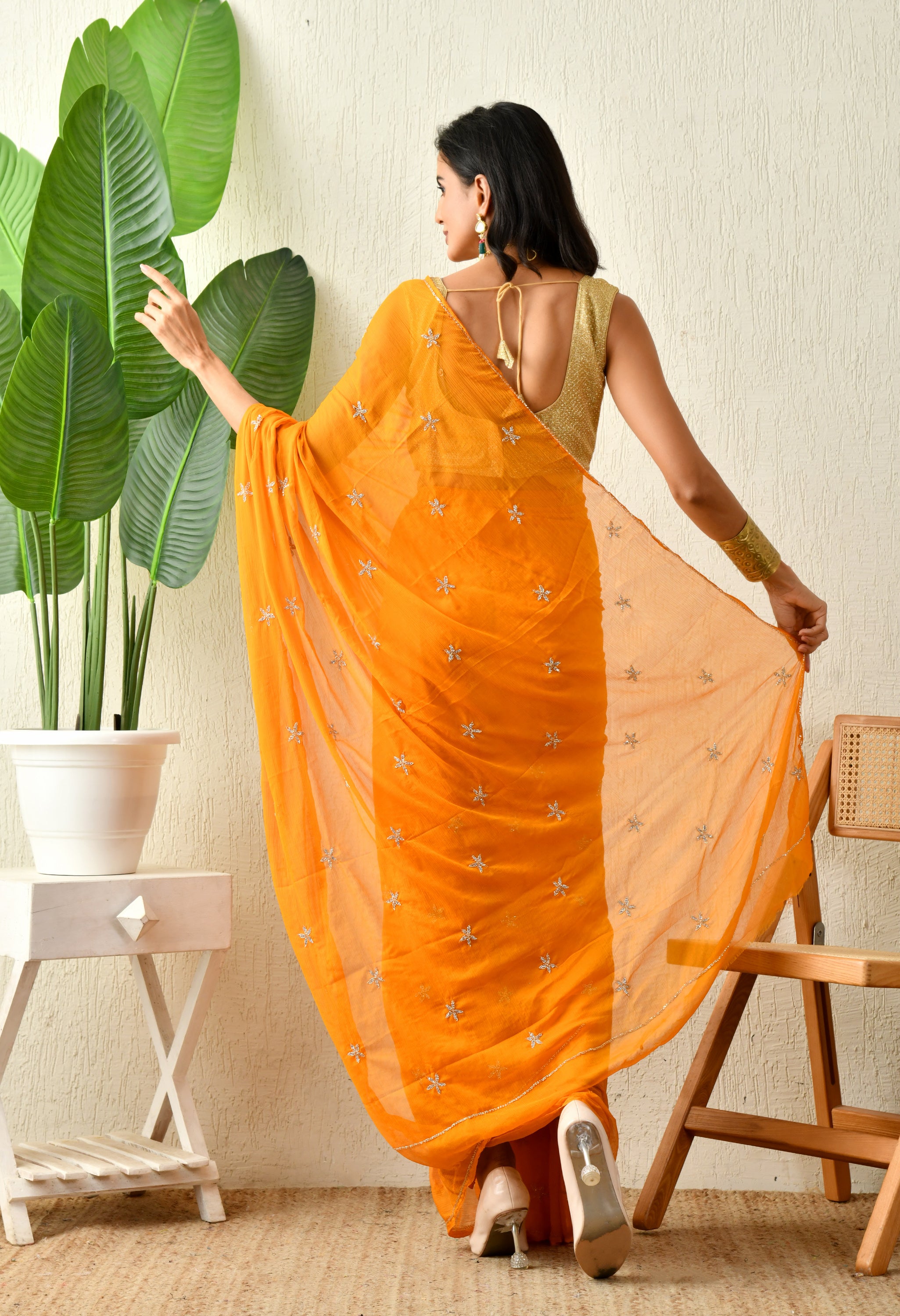 Dutch Orange Embellished Chiffon saree