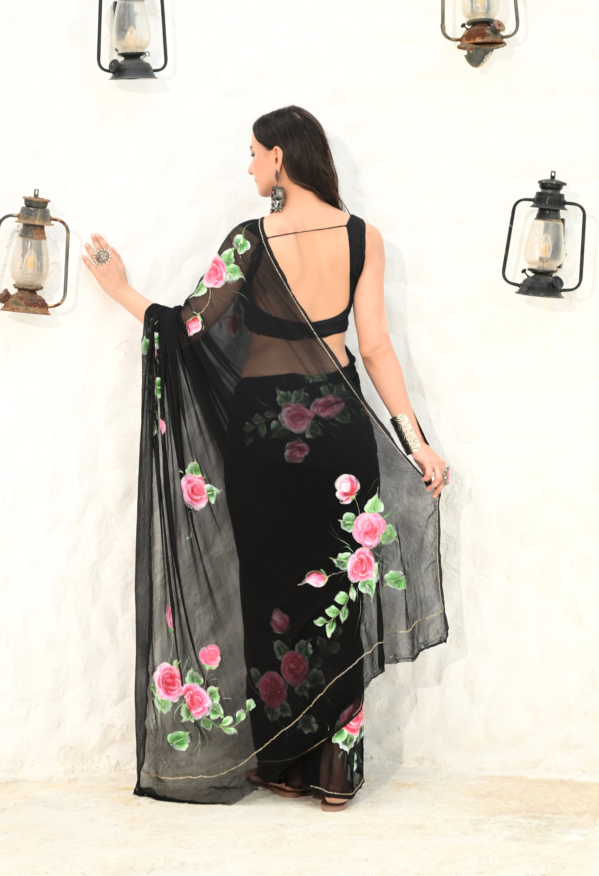 Black Pure Chiffon Hand Painted Floral Saree