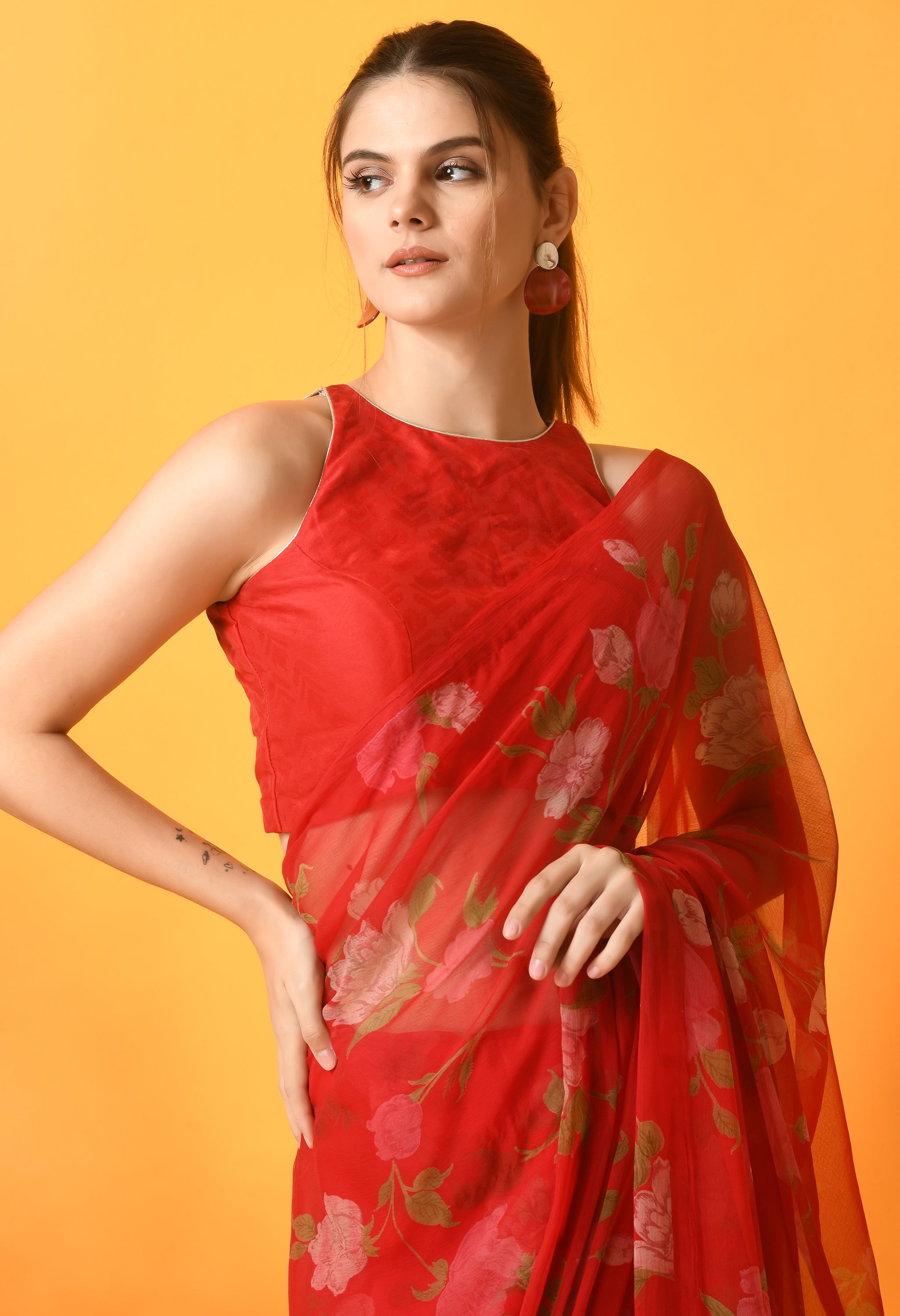 Red Floral Printed Chiffon Saree