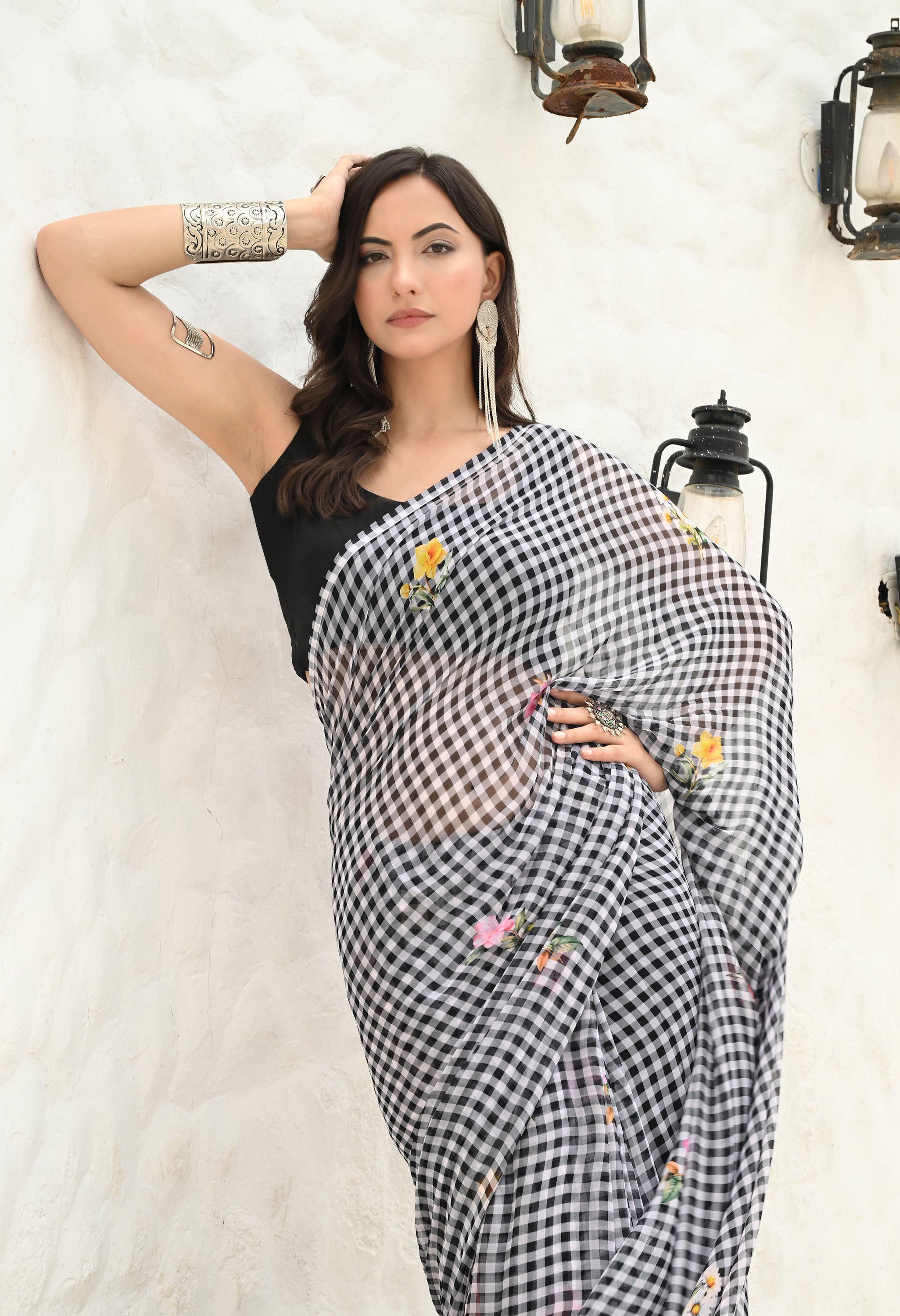 Floral Grid Pure Chiffon Saree