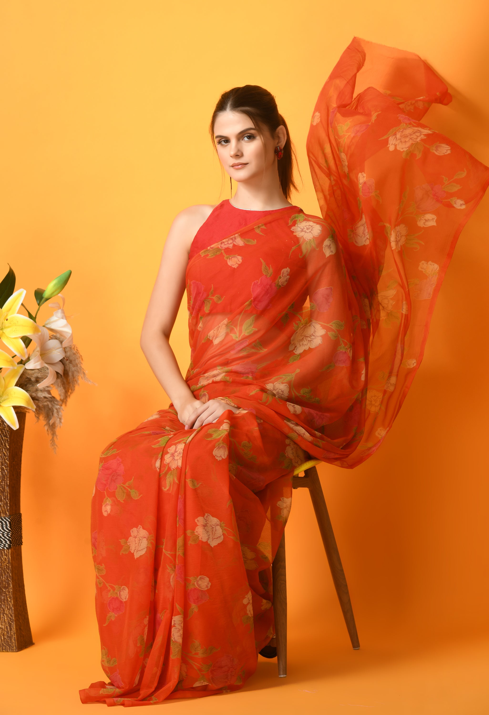 Orange Floral Printed Chiffon Saree